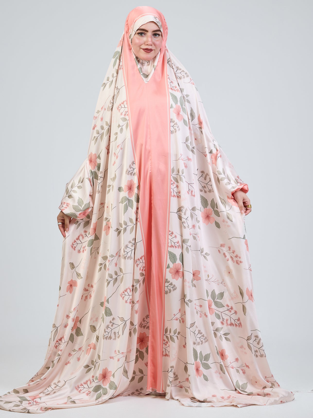 Elegant Satin Floral Prayer Gown with Elastic Cuffs - Women's Modest Sleepwear for Church, Home Worship & Special Occasions