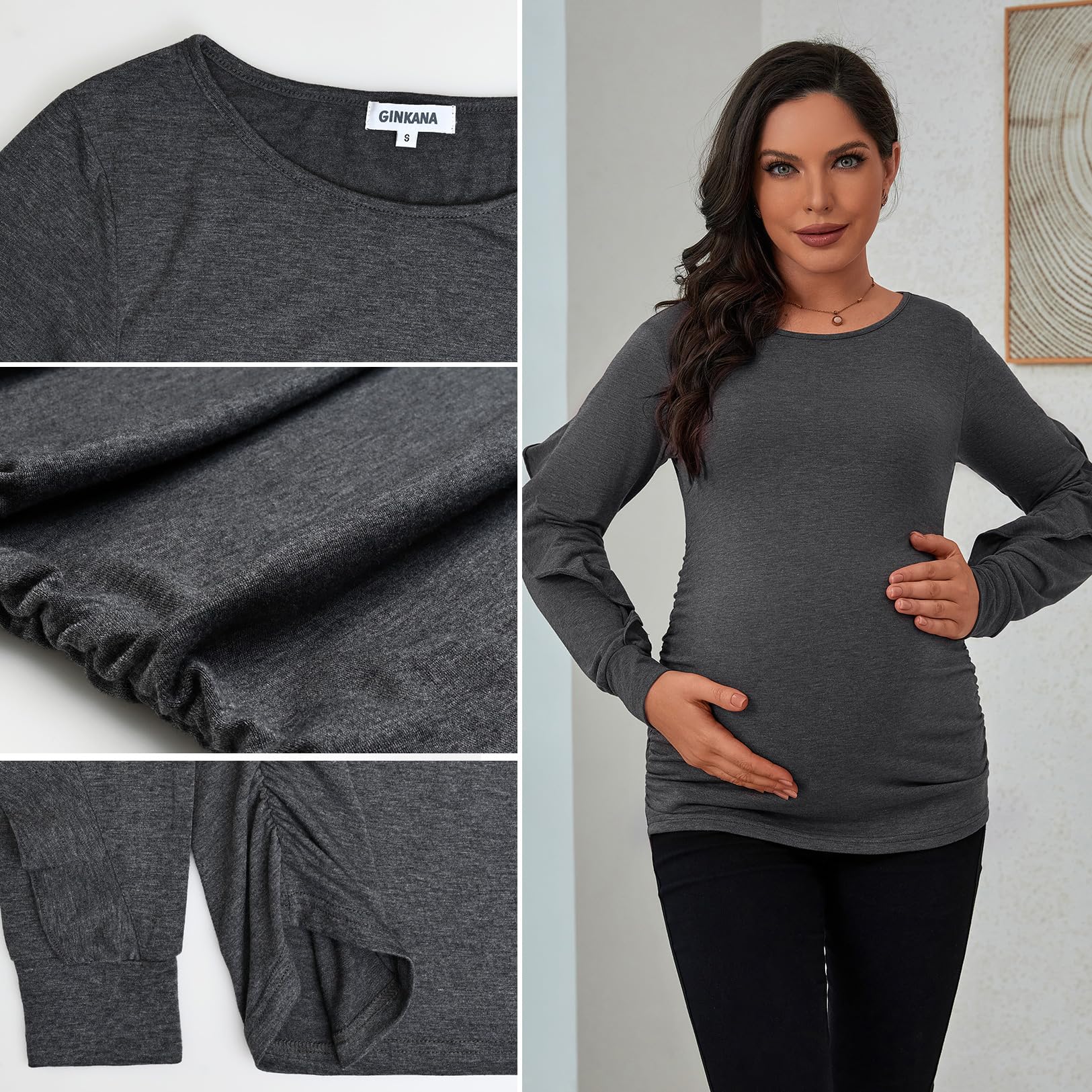 GINKANA Maternity Tops - Ruffle Long Sleeve Pregnancy Shirts for Women, Cute Maternity Blouse for Casual Wear & Baby Shower | Soft Nursing Tee for Expecting Moms