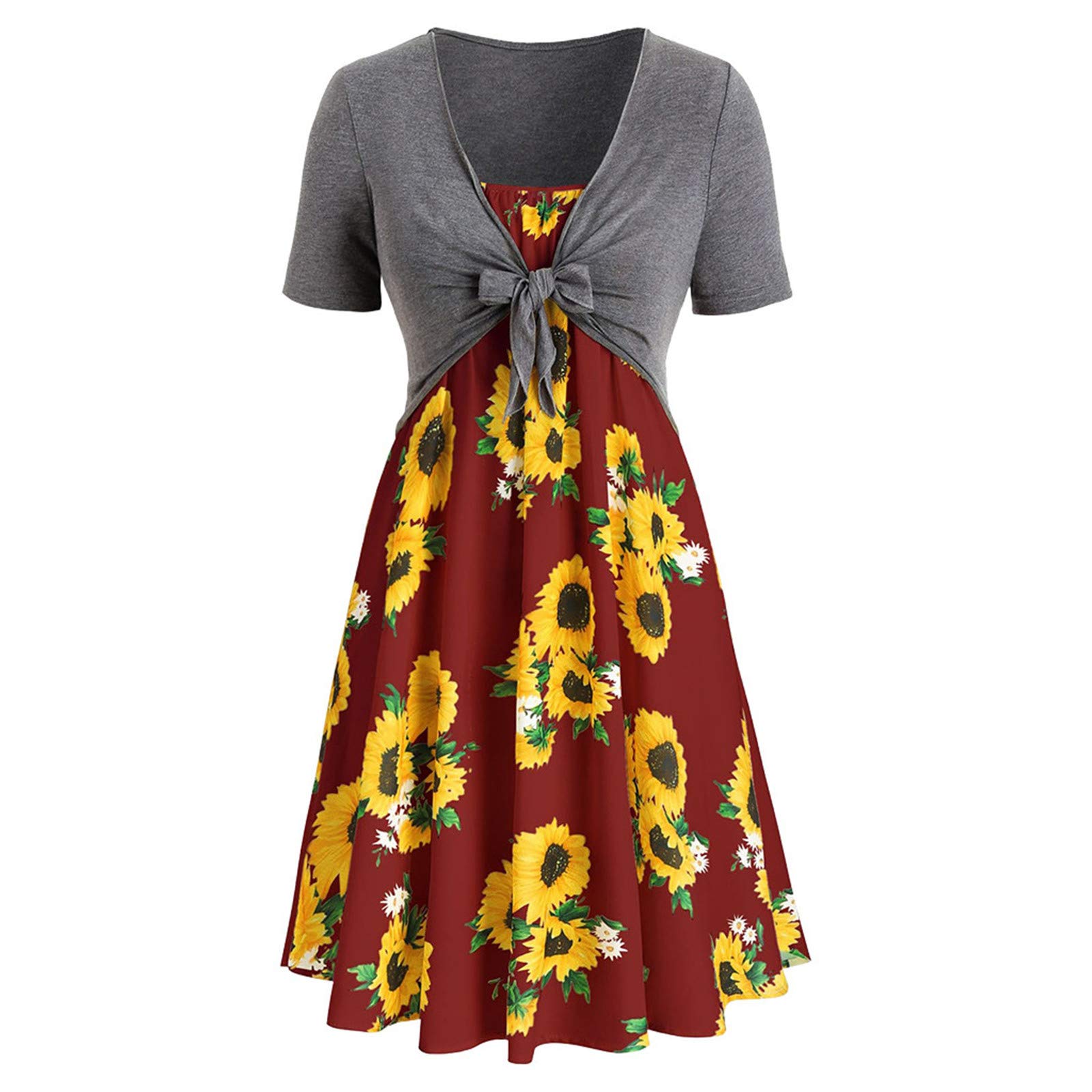 Women's Summer Dresses Casual Two Piece Outfit with Bowknot Bandage Top - Sunflower Print Plus Size Beachwear for Vacation & Outdoor Activities