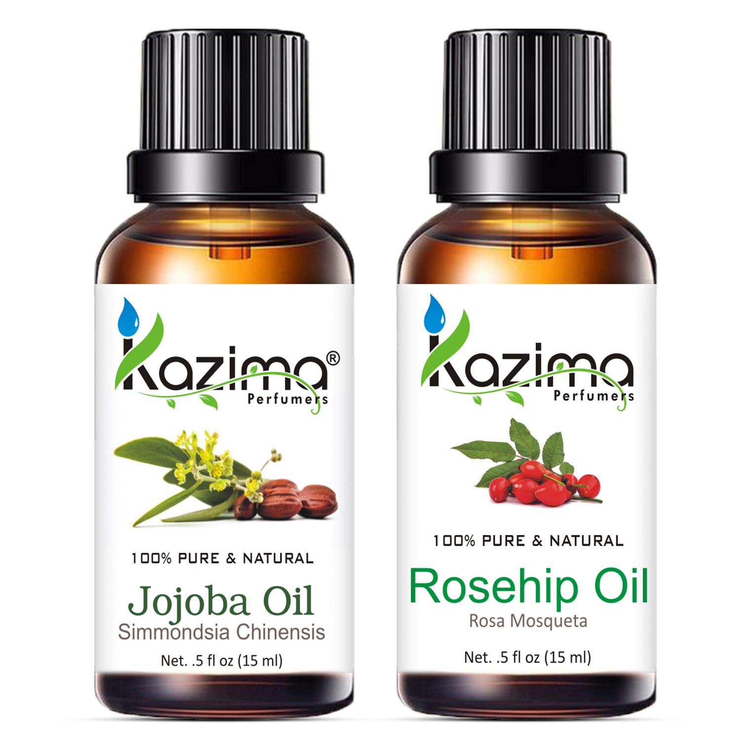 KAZIMA Jojoba Oil and Rosehip Oil Combo - 100% Pure Undiluted Face & Hair Oil for Acne, Wrinkles, Moisturizing & Growth (15ml Each) - Perfect for Daily Skincare Routine & Natural Hair Care