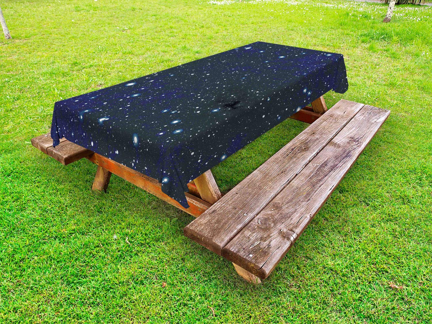 Ambesonne Waterproof Outdoor Tablecloth - Dark Blue & White Starry Night Sky Design with Dots - 58x120 Inch Washable Picnic Table Cover for Patio, Garden Parties, Camping and BBQs