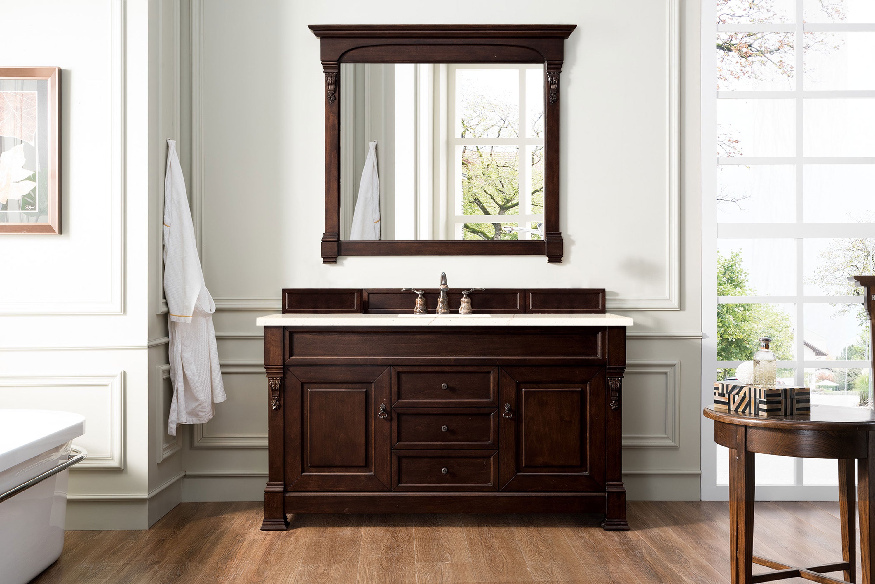 Brookfield 60 Inch Single Bathroom Vanity with Burnished Mahogany Finish & 3CM Eternal Marfil Quartz Countertop - Perfect for Modern Master Bathrooms and Powder Rooms