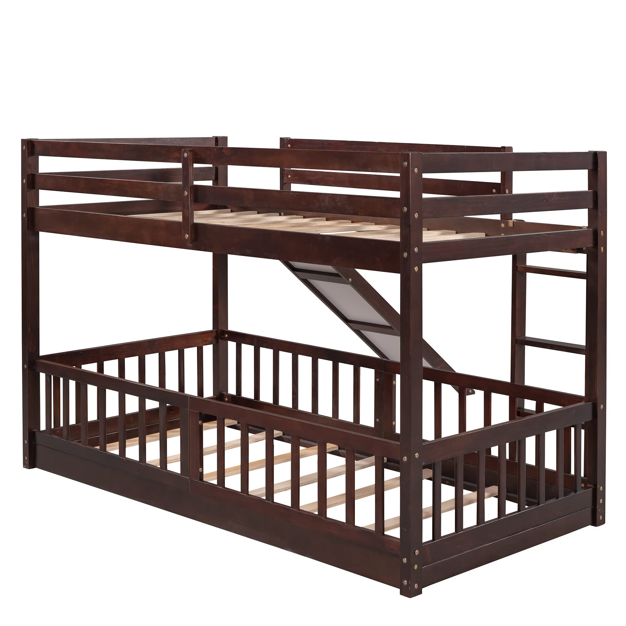 Twin Over Twin Bunk Bed with Slide - Wooden Low Bunk Bed Frame with Ladder & Safety Rail for Kids, Toddlers, Boys & Girls - Espresso Finish - Perfect for Kids' Bedrooms, Sleepovers & Space-Saving Solutions