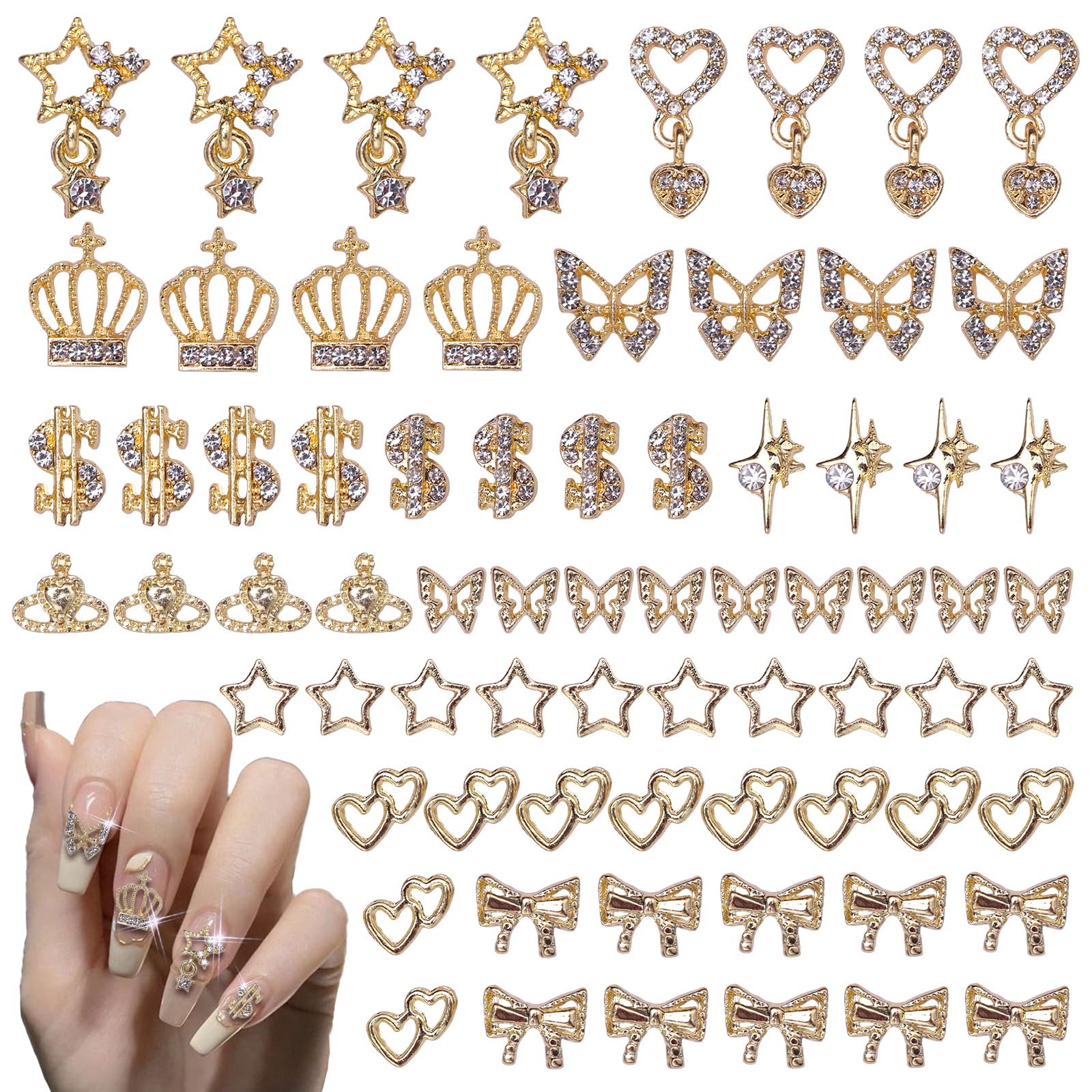 Anower 78Pcs Gold Nail Charms Kit - 12 Styles Alloy Nail Art Decorations with Butterfly, Crown, Hollow Planets & Star Charms - 3D Metal Nail Jewelry for Professional Nail Designs | Perfect for DIY Manicures, Salon Nail Art & Party Nail Decorations