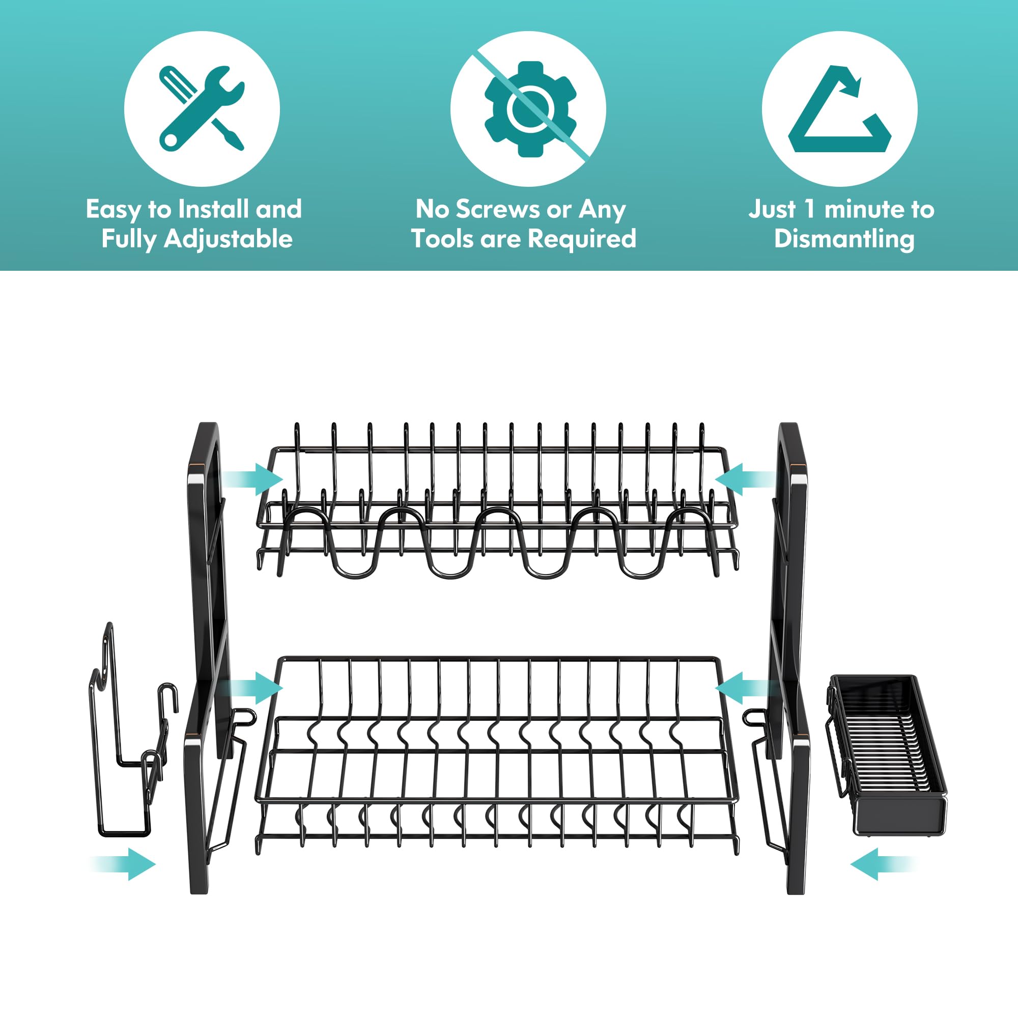 BOOSINY 2-Tier Stainless Steel Dish Drying Rack & Drainboard Set - Large Kitchen Counter Organizer with Cup Holder, Utensil Holder & Dish Strainer Shelf (Black) | Perfect for Small Kitchens, Apartments & RV Use