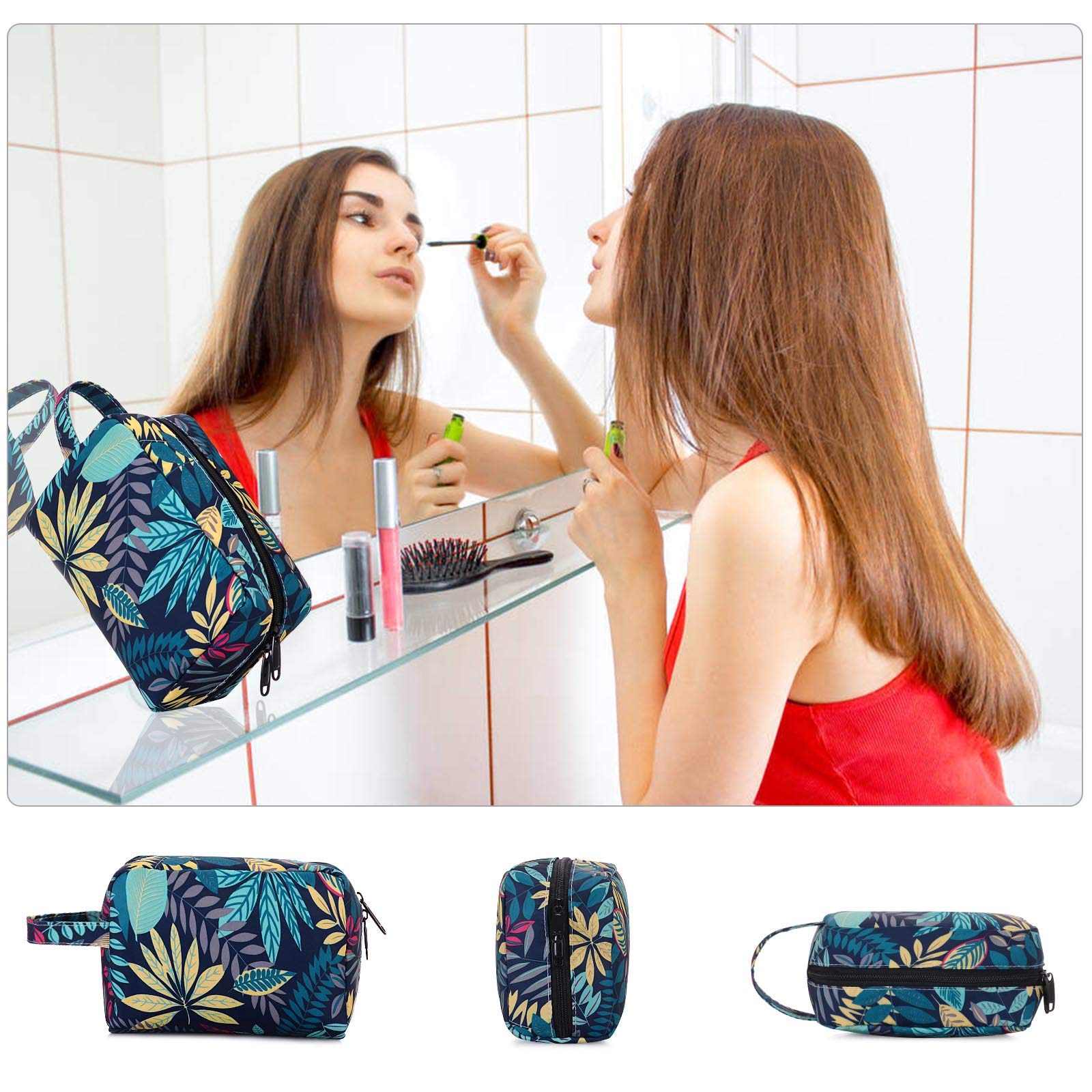 HUA ANEGL Floral Cosmetic Bag for Women - Waterproof Travel Toiletry Organizer with Zipper, Makeup Pouch Purse for Gym, Vacation & Daily Essentials Storage