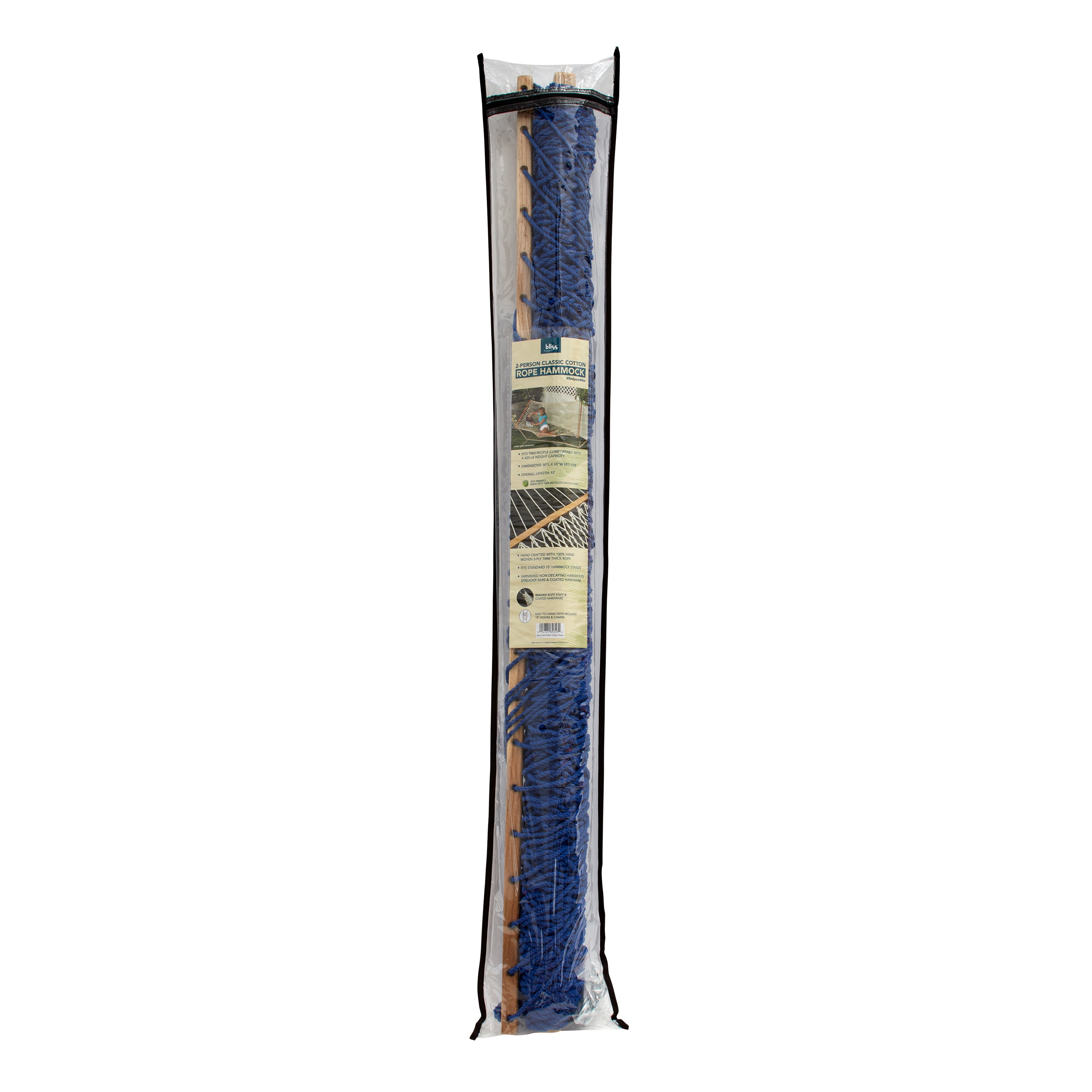 Bliss Hammocks BH 410BLU Blue Cotton Rope Hammock with Spreader Bar & Hanging Hardware - 60 Inch Wide, 450 lb Weight Capacity - Perfect for Backyard, Patio, Camping & Outdoor Relaxation