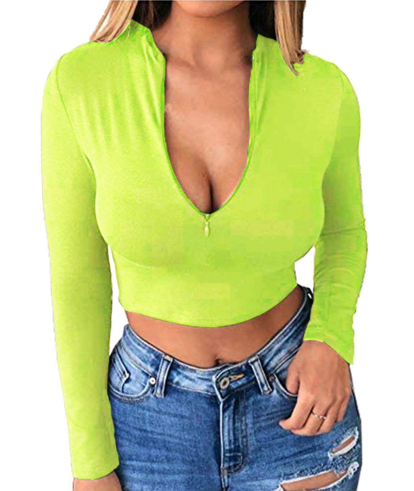 Artfish Women's Long Sleeve Quarter Zip Fleece-Lined Crop Top - V-Neck Fitted Sexy Shirt for Winter Workout, Casual Outing & Date Night