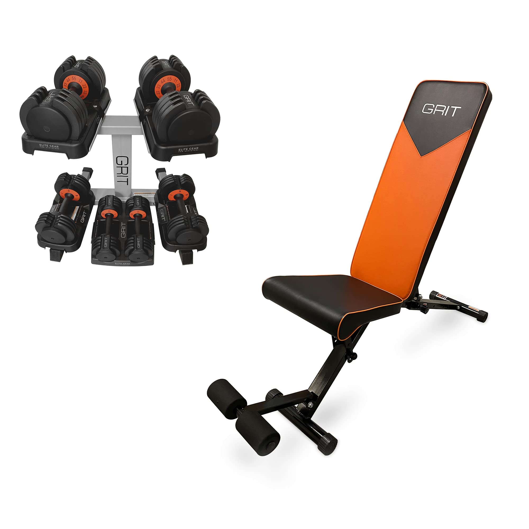 GRIT Elite Gear Complete Home Gym Weight Set - Adjustable Weight Bench with Dumbbells & Stand, Folding Bench Press Equipment for Strength Training | Perfect for Home Workouts, Garage Gym & Fitness Enthusiasts