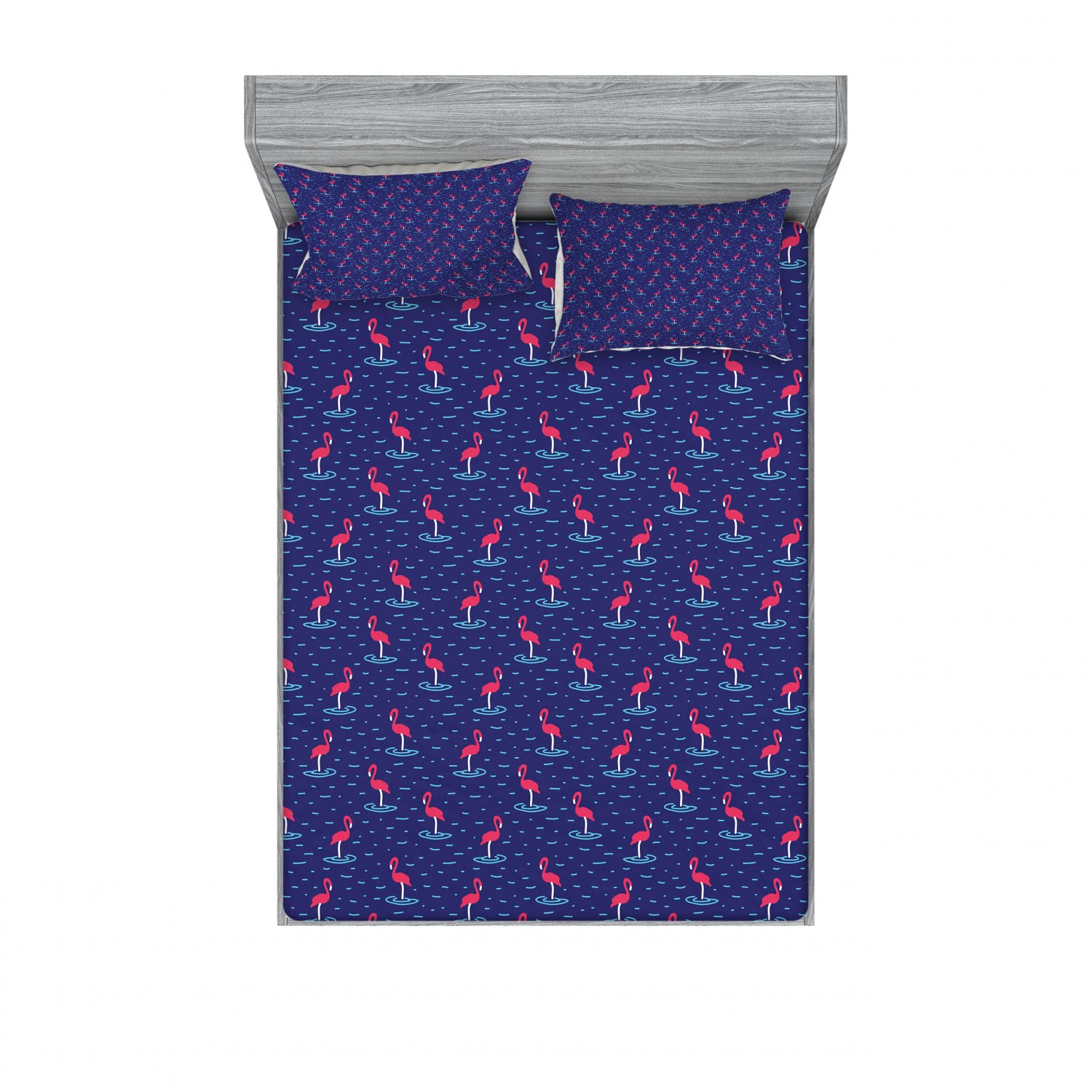 Ambesonne Flamingo 2-Pack Full Size Fitted Sheet Set with 4 Pillow Shams - Tropical Wavy Lake Birds Pattern in Violet Blue & Dark Coral - Soft Bedding Decor for Guest Room, Beach House or Boho Chic Bedroom