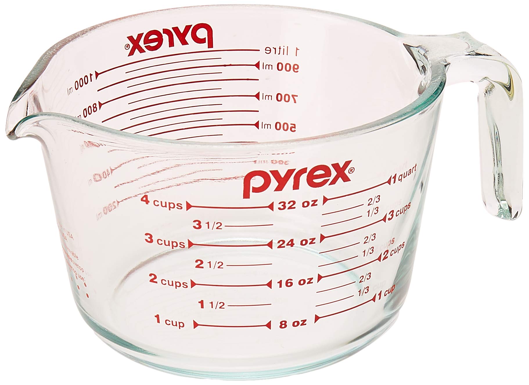 Pyrex 4-Cup (32 Oz) Clear Glass Measuring Cup with Red Measurements - Perfect for Baking, Cooking, and Meal Prep