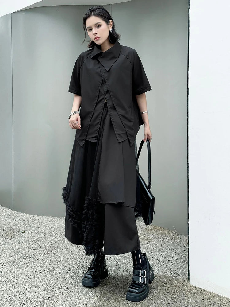 Oversized Black Asymmetrical Mesh Pantsuit Set - Fashionable Lapel Short Sleeve Two Piece Outfit for Women | Spring Summer 2025 Trendy Streetwear | Perfect for Casual Wear, Night Out & Fashion Events
