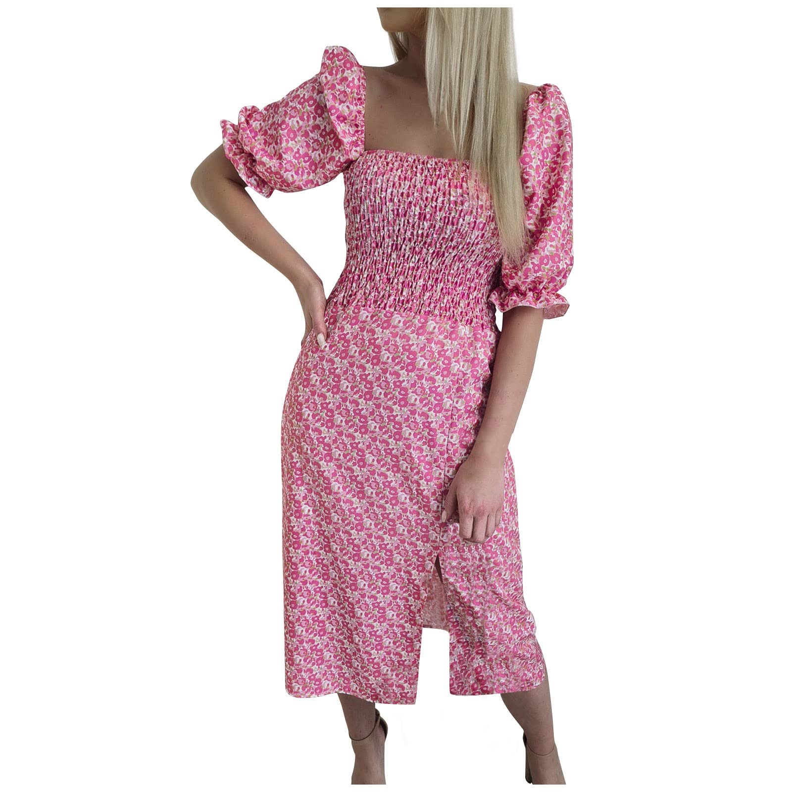 Women's Floral Boho Summer Dress with Puff Sleeves & Square Neck - Backless Midi Dress with Elastic Bust, Loose Fit for Beach, Party & Vacation
