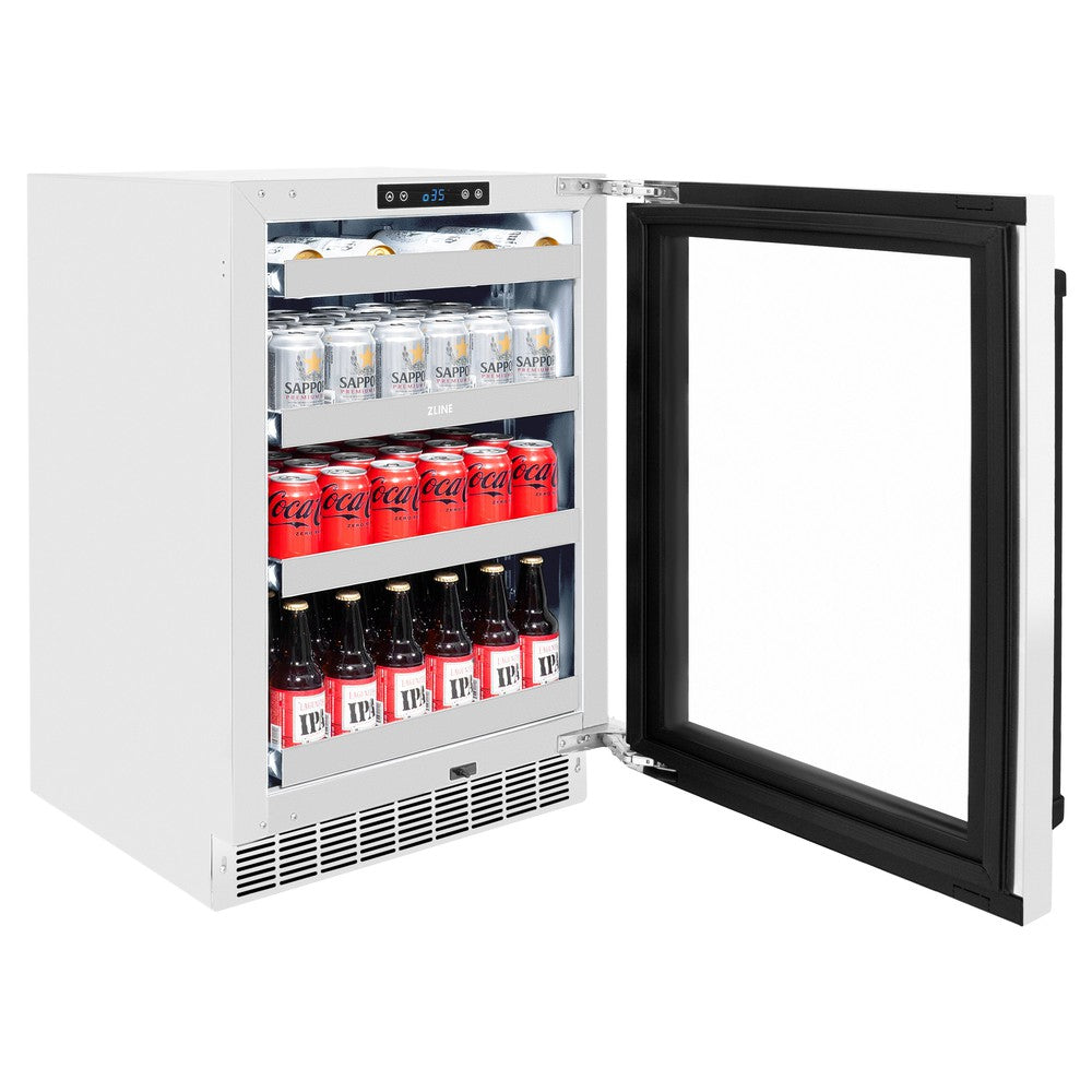 ZLINE Autograph Edition 24 Inch Touchstone 151 Can Beverage Refrigerator - White Matte Glass Door with Matte Black Handle - Compact Drink Cooler for Home Bar, Office, or Man Cave (RBSOZ WM 24 MB)