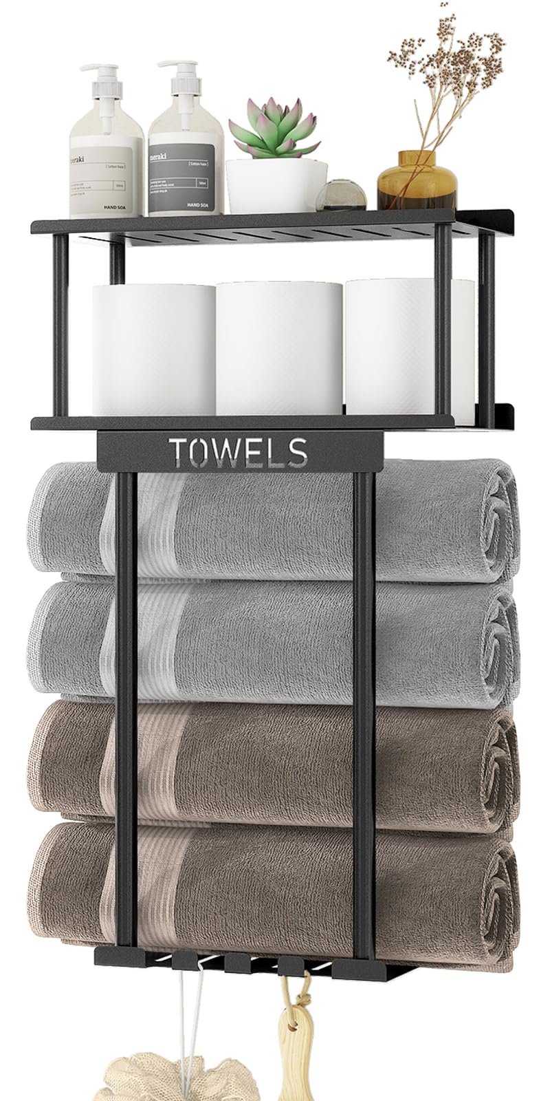 Sturdy Metal Wall Mounted Bathroom Towel Rack with Shelf & Storage Basket - Space Saving Towel Organizer with Hooks for Small Bathrooms (Black) - Perfect for Bathroom Organization & Rolled Towel Storage