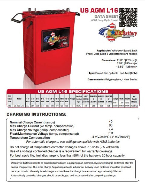6V Deep Cycle L16 AGM Battery 400Ah - High Capacity for Solar, RV, Marine & Off-Grid Power Storage