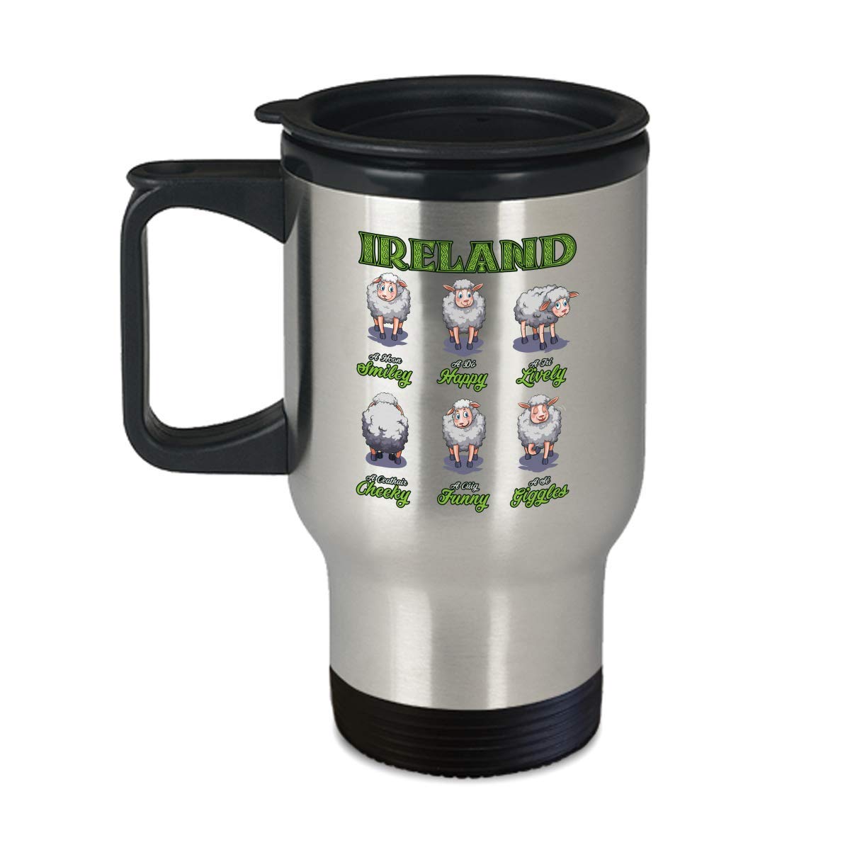 14 oz Irish Saint Patrick's Day Travel Mug - Happy Sheep Ireland Design Coffee & Tea Insulated Cup for Commuting, Office & Farming | Perfect Gift for Irish Heritage Lovers