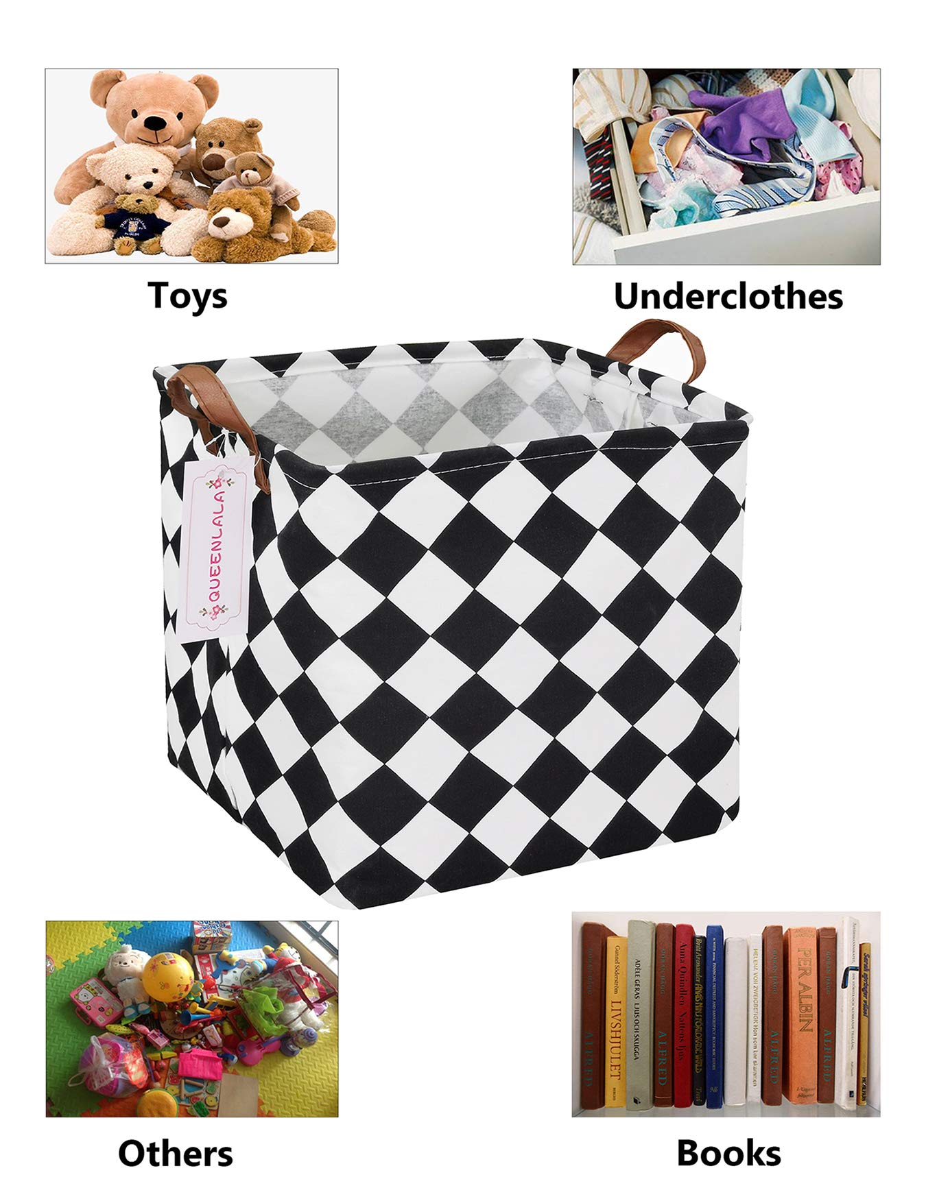 QUEENLALA Foldable Square Laundry Hamper Basket - Collapsible Storage Bin for Nursery, Bedroom, Closet & Office Organization (Black & White) - Perfect for Kids' Toys, Clothes Storage & Home Decor