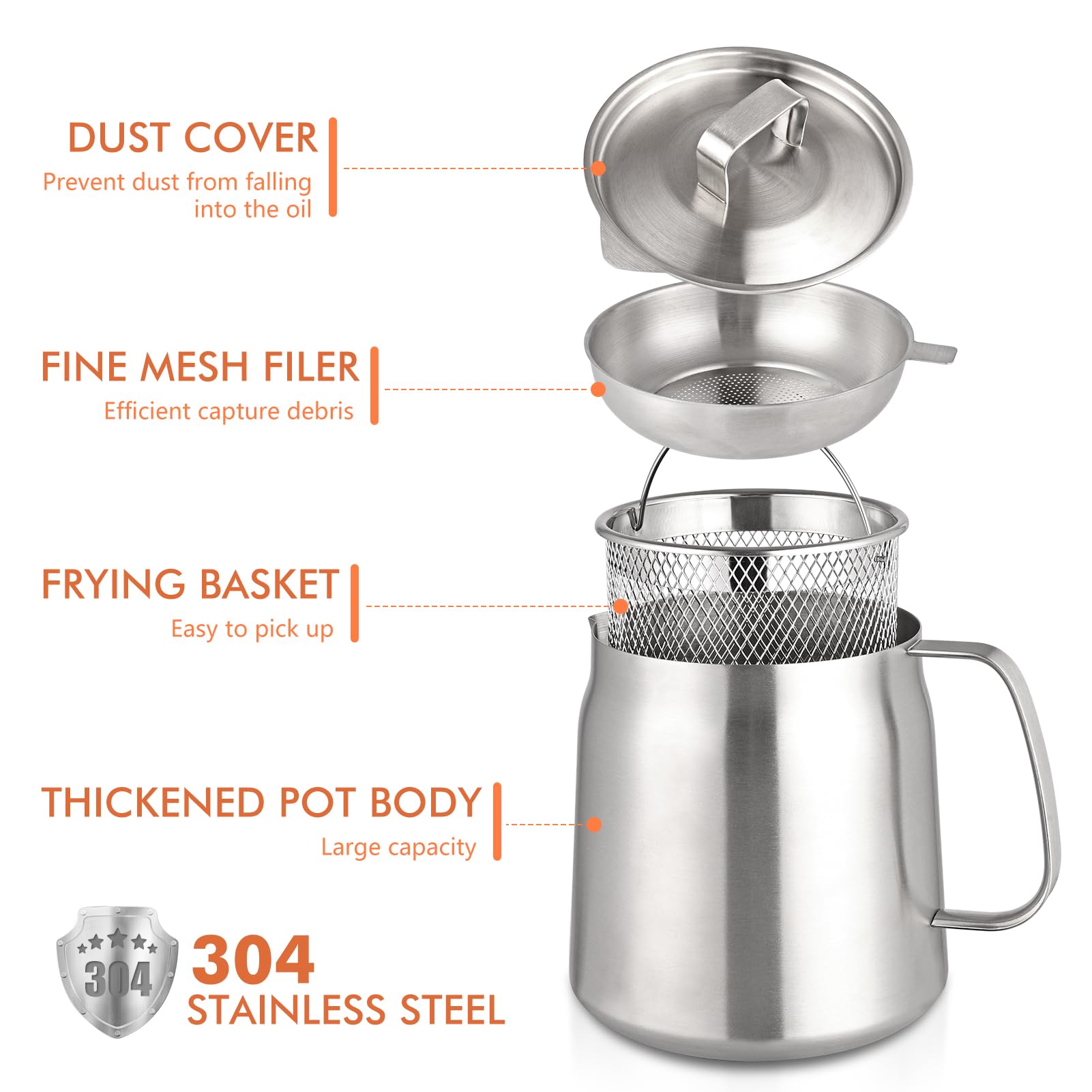 2L Stainless Steel Oil Filter Pot with Strainer - Large Capacity Bacon Grease Saver, Fine Mesh Removable Cooking Oil Filter & Frying Basket - Perfect for Kitchen, Storing Grease, Deep Frying, and Food Preparation