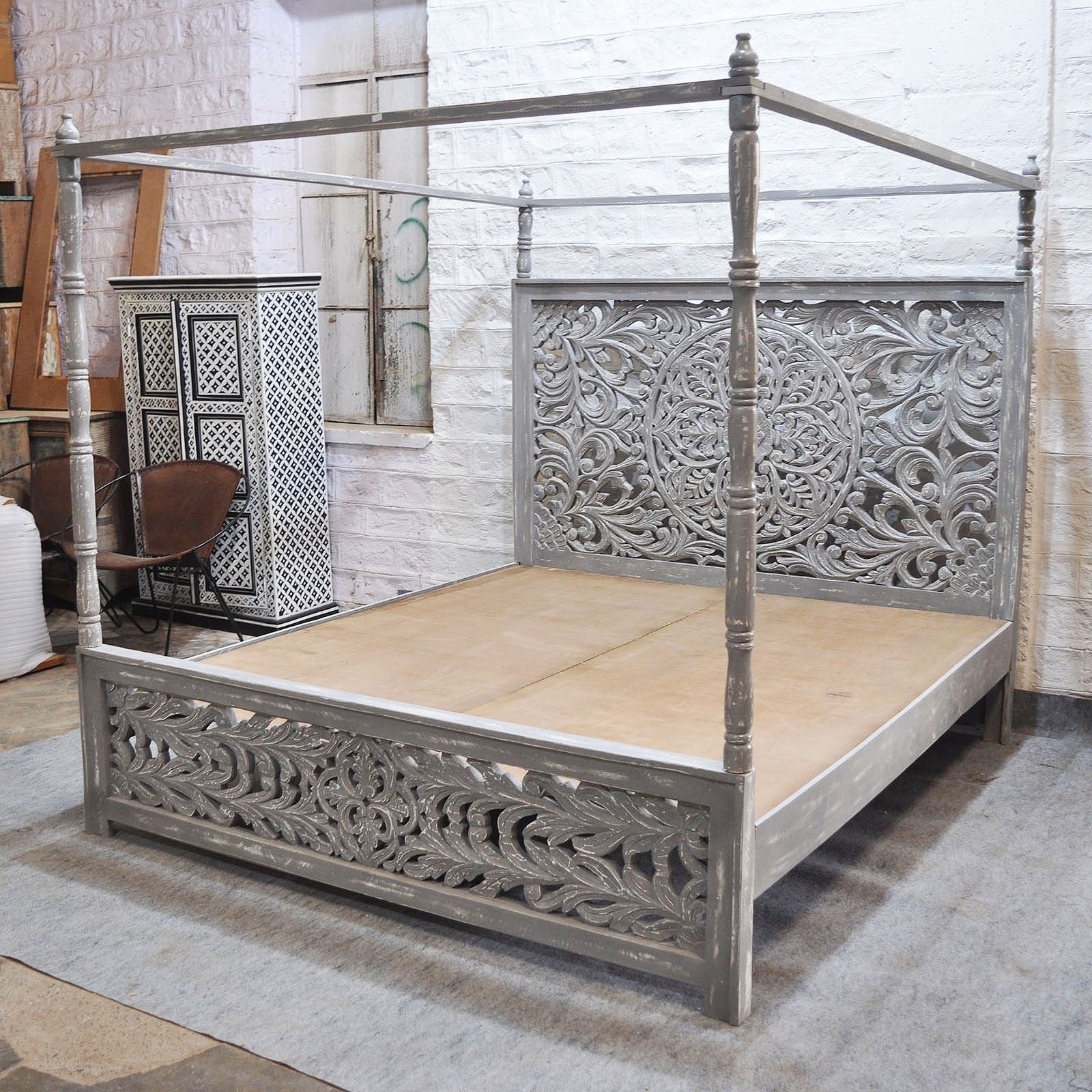 Hand Carved Indian Wooden 4 Poster Bed Frame - Grey Finish | Solid Wood King Size Bed with Canopy | Perfect for Master Bedroom, Boho Chic Decor & Luxury Bedroom Design