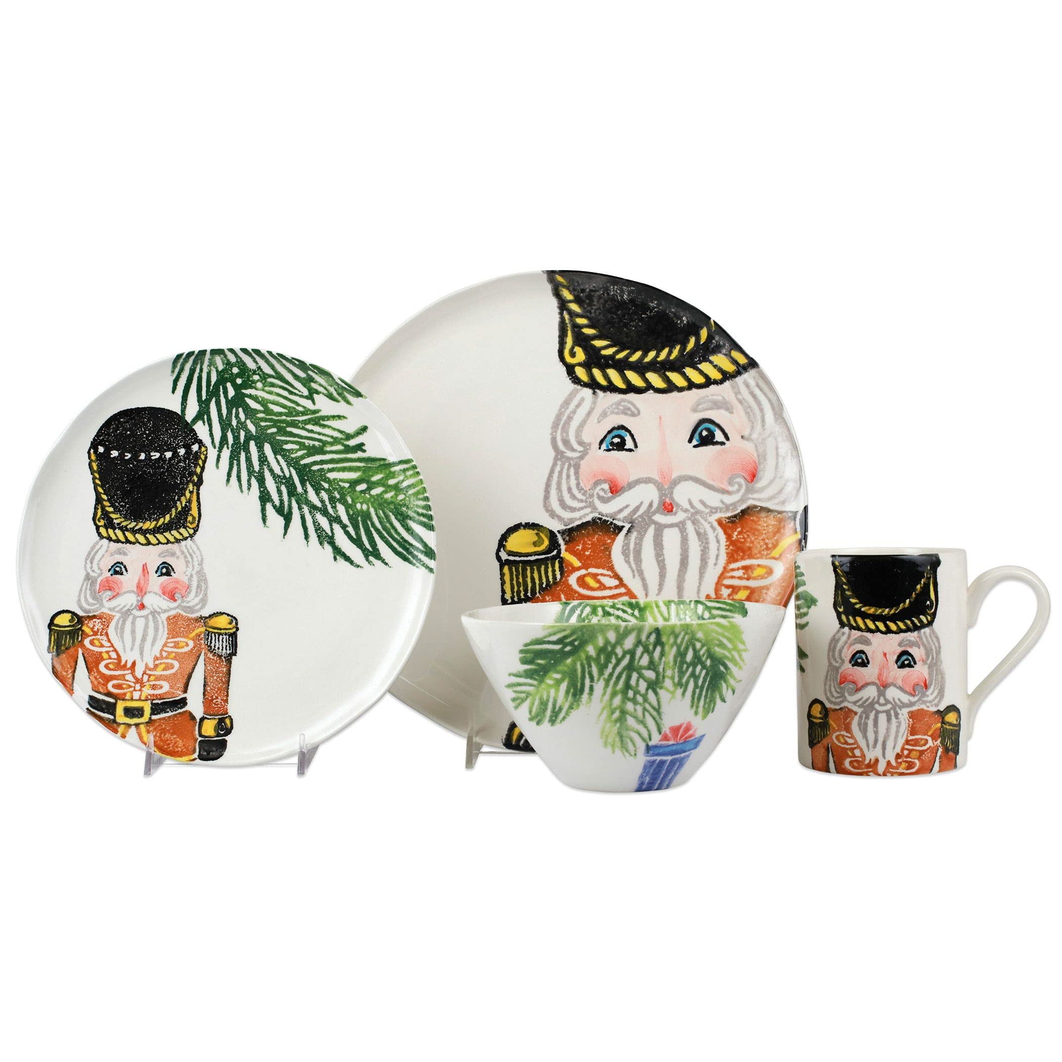 Vietri Nutcrackers Gold 4-Piece Christmas Dinnerware Set - Cereal Bowl, Mug, Salad & Dinner Plates for Holiday Entertaining and Festive Dining
