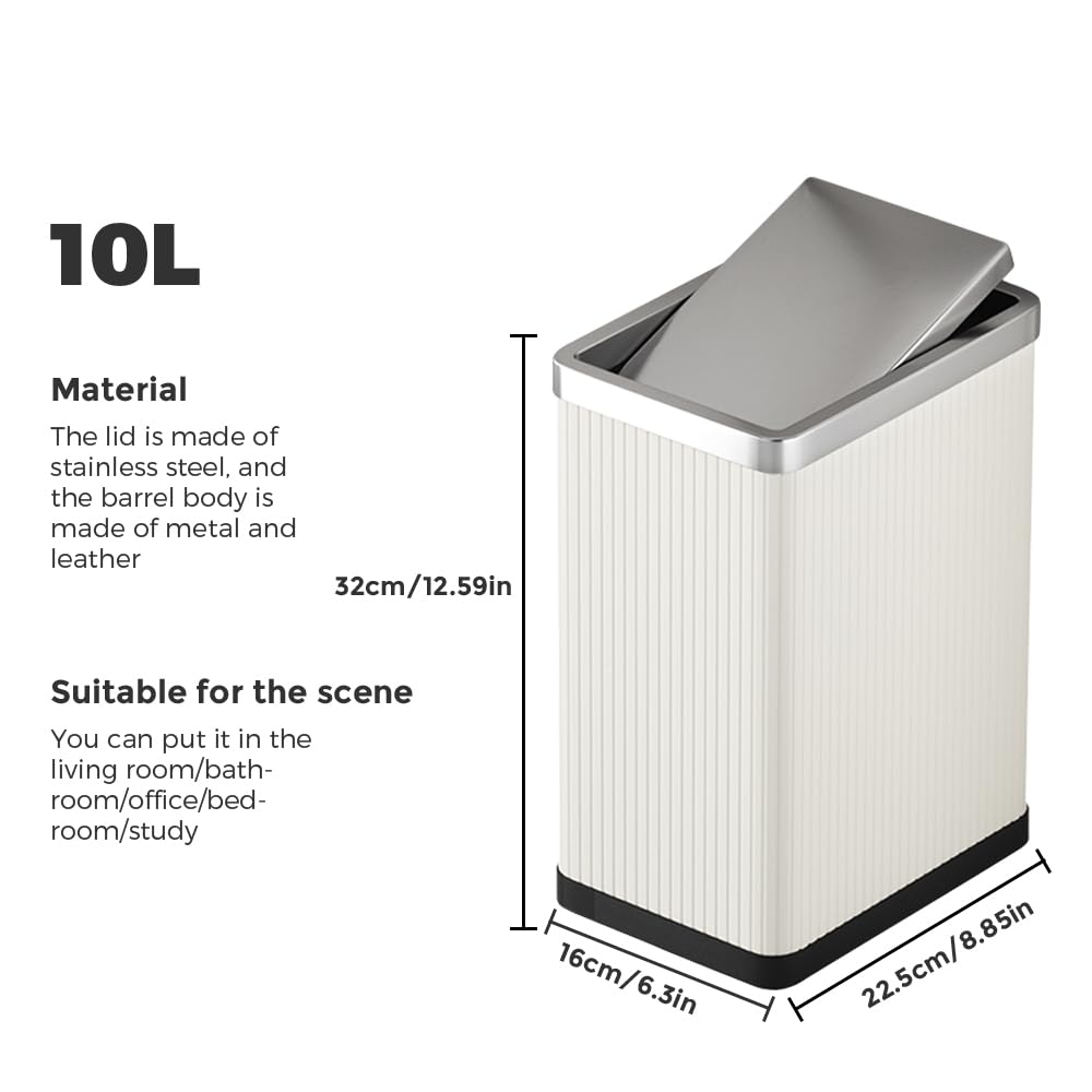 LEASYLIFE 10L/2.6GAL Metal Trash Can with Swing Lid - Modern Rectangular Bathroom Garbage Bin for Small Spaces, Bedroom, Office & Laundry Room - White Stripe Design | Perfect for Tight Corners & Home Organization