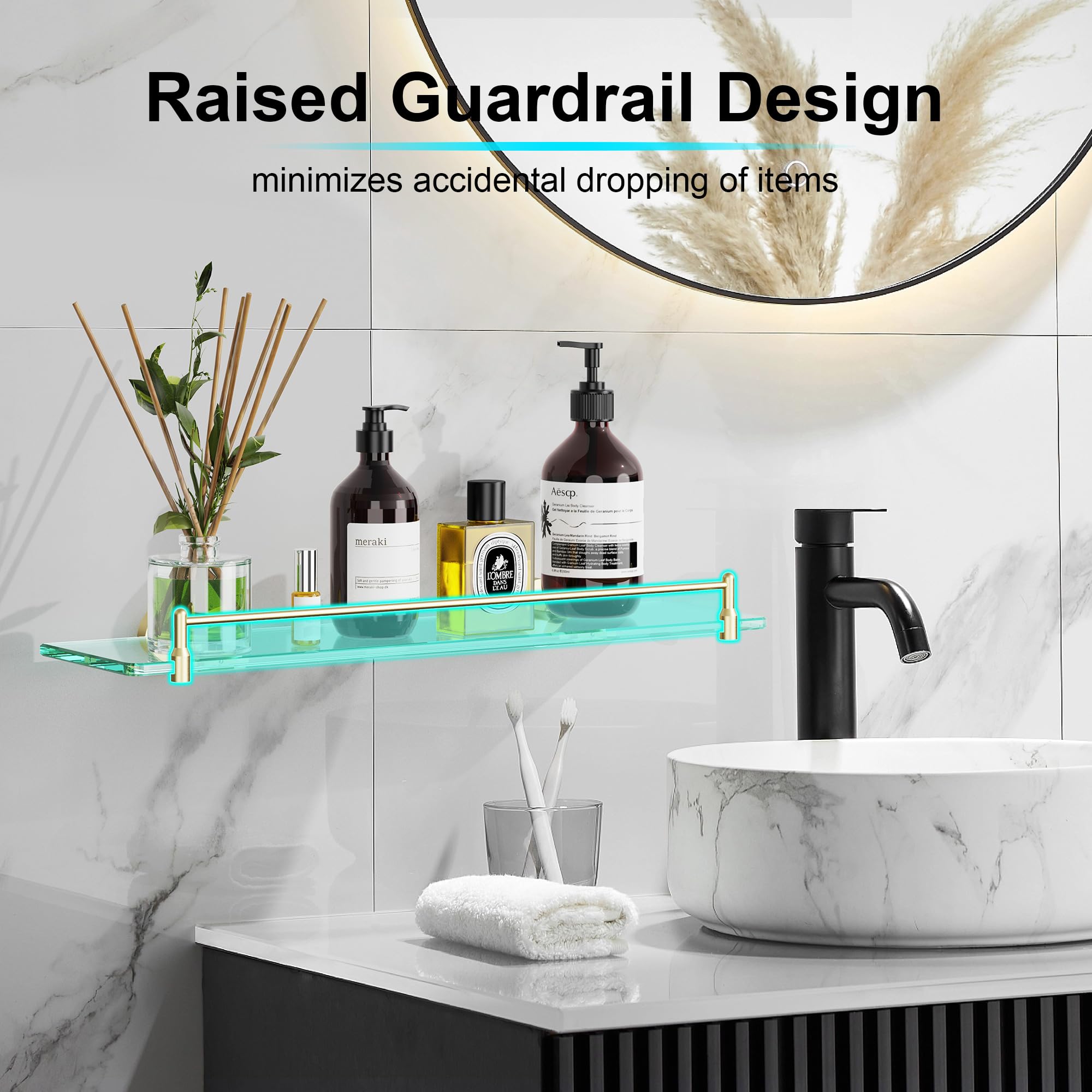 20-Inch Gold Tempered Glass Floating Shelf for Bathroom - Modern Stainless Steel Wall Mounted Storage Shelf | Perfect for Shower Organizer, Bathroom Decor & Small Space Storage Solution