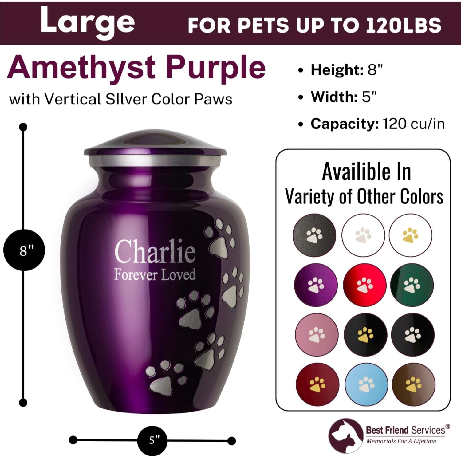 Personalized Pet Urn for Dogs and Cats - Ottillie Paws Premier Series Memorial Urn, Large Amethyst Purple with Vertical Pewter Paws, Perfect for Home Memorials and Pet Ashes Keepsakes