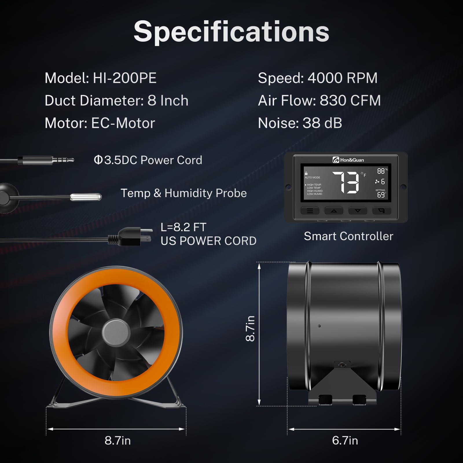 Hon&Guan PRO 8 Inch Inline Duct Fan - 830 CFM High Airflow with Ultra Quiet EC Motor & Smart Temperature Humidity Controller - Ventilation Exhaust Fan for Grow Tents, Hydroponics, HVAC Systems, Home Heating & Cooling (Black & Orange) - Perfect for Indoor Gardening, Greenhouse Ventilation & Basement Air Circulation