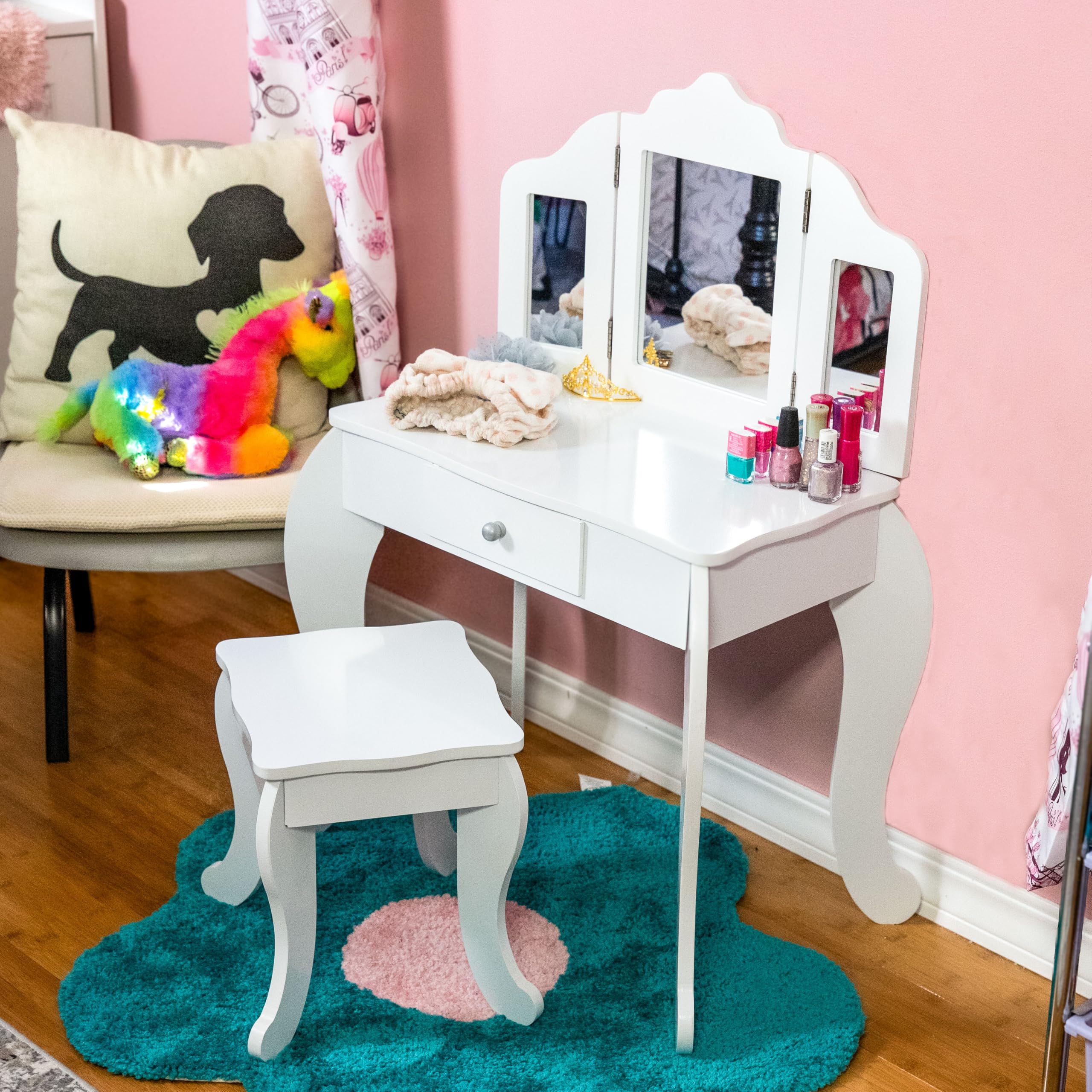 Wooden Pretend Play Vanity Set for Girls - Kids' Vanity Desk with Mirror, Drawer & Stool - White - Perfect for Dress-Up, Role Play & Birthday Gifts
