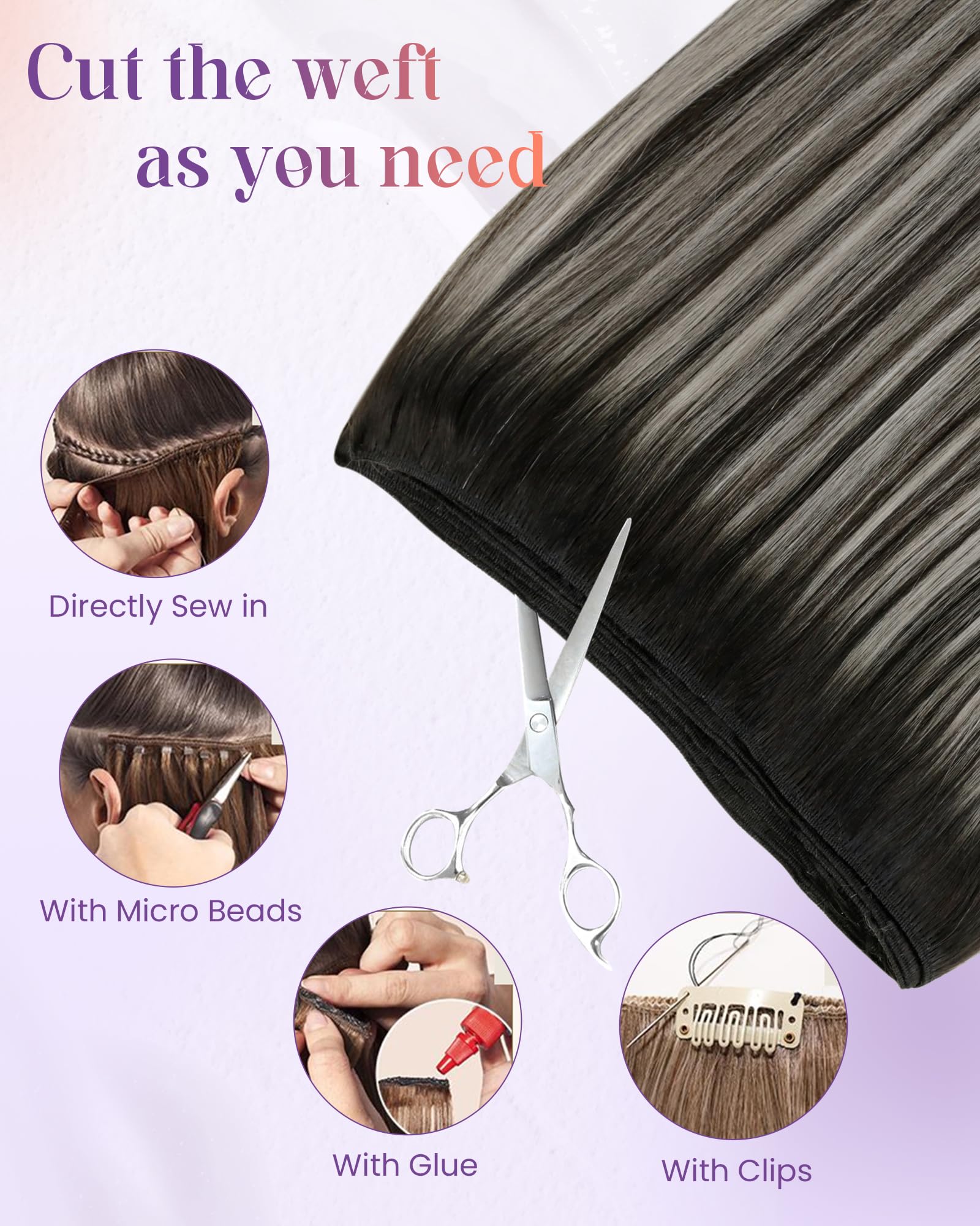 LaaVoo 24 Inch Black Ombre to Silver Grey Human Hair Weft Extensions 100g - Sew in Natural Hair Extensions for Styling & Volume - Perfect for Parties, Weddings & Everyday Wear