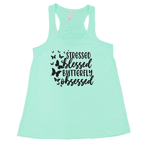 Stressed, Blessed, Butterfly Obsessed T-Shirt - Cute Butterfly Graphic Tee for Women - Perfect for Casual Wear, Gifts & Butterfly Lovers