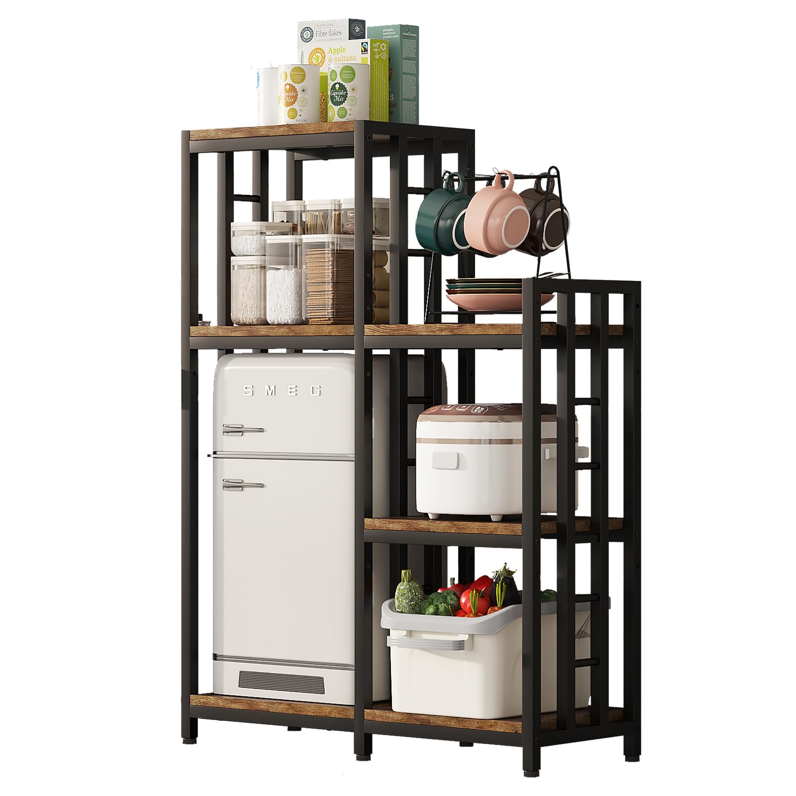 6-Tier Adjustable Height Kitchen Bakers Rack with Storage - Freestanding Microwave Stand, Mini Fridge Organizer & Coffee Bar Station - Rustic Brown for Living Room, Kitchen, or Small Apartment