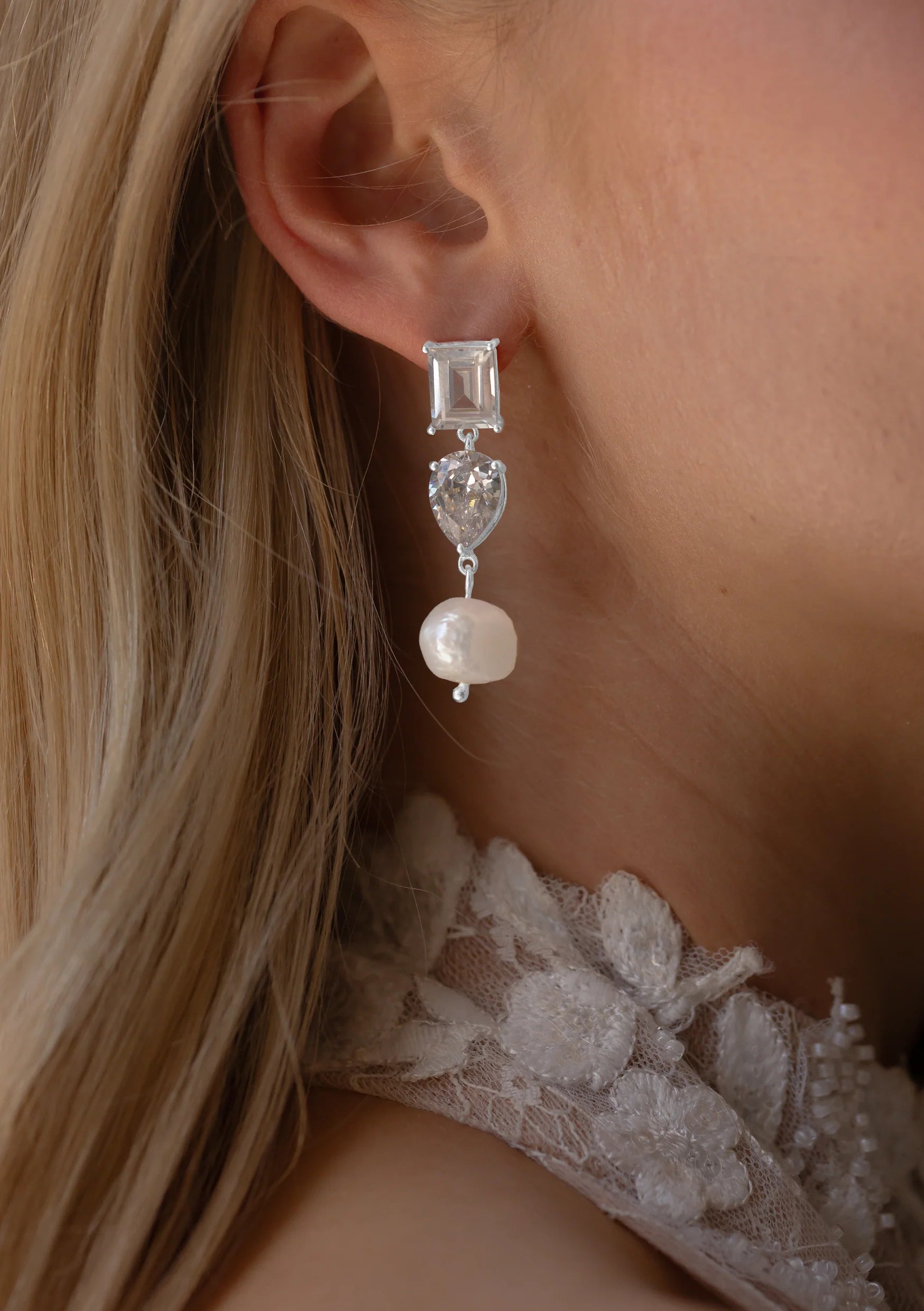 Lola Knight Charlie Crystal and Pearl Bridal Drop Earrings - Sterling Silver Wedding Jewelry for Brides, Bridesmaids, and Formal Occasions