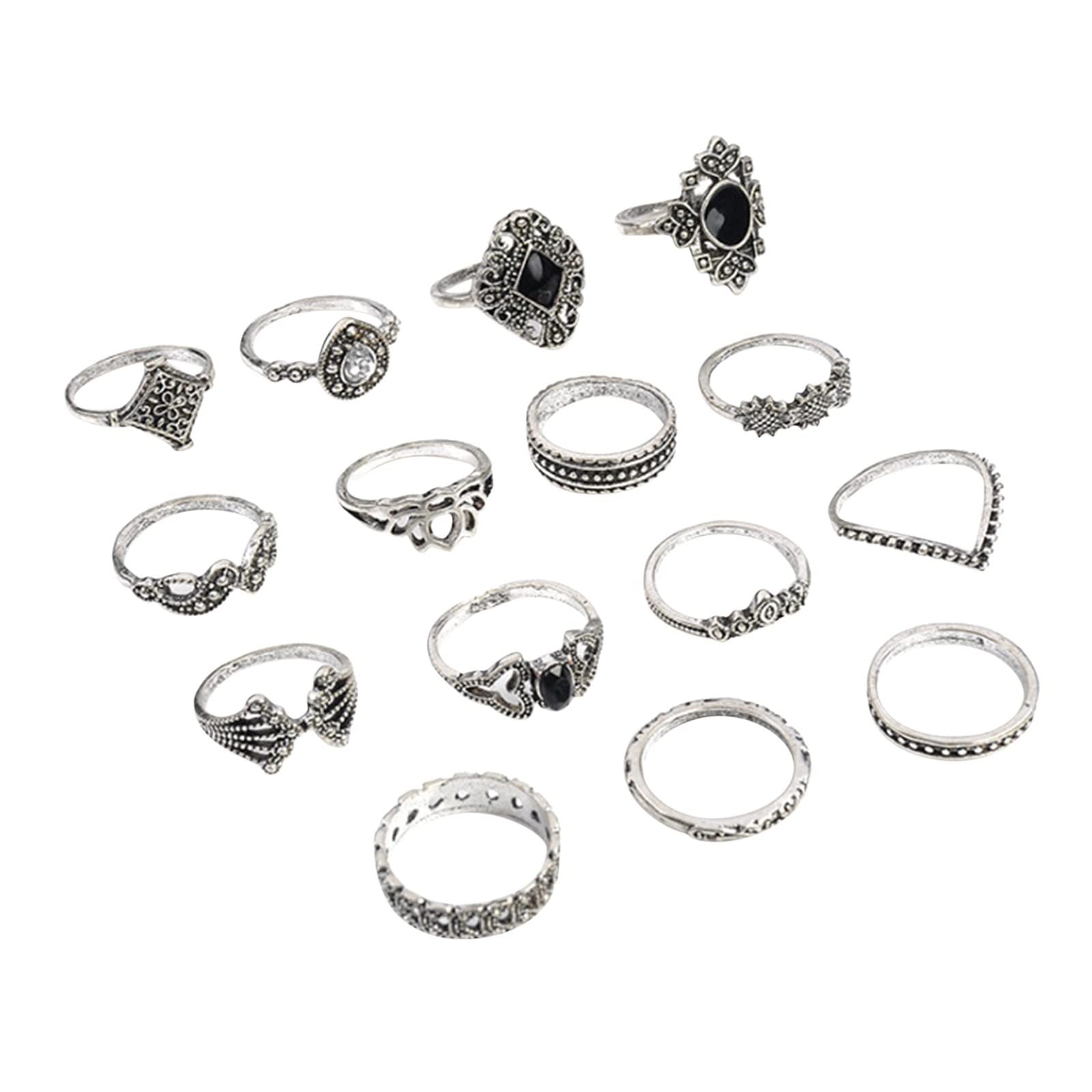15Pcs Silver Rings Set for Women - Vintage Stackable Boho Alloy Resin Rhinestone Rings, Retro Geometric Jewelry for Teen Girls & Women (Silver, One Size) - Perfect for Parties, Gifts & Everyday Fashion Accessories