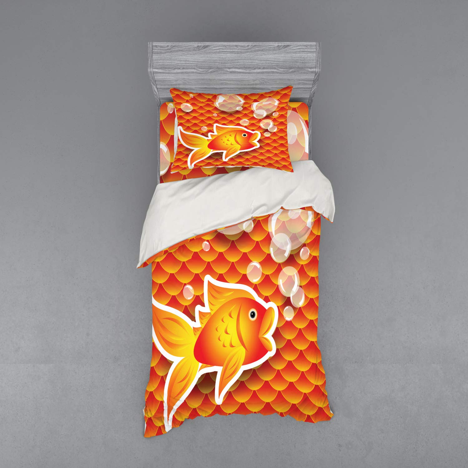 Ambesonne Orange Duvet Cover Set - Small Goldfish & Bubble Nautical Sea Print, 3-Piece Twin XL Bedding Set with Sham & Fitted Sheet, Burnt Orange | Perfect for Kids' Rooms, Beach Themed Decor & Coastal Style Bedrooms