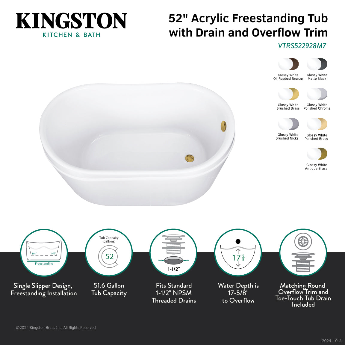 Aqua Eden 52 Inch Acrylic Oval Freestanding Bathtub - Glossy White with Antique Brass Overflow/Drain - Double Slipper Design for Luxury Bathroom & Spa Relaxation