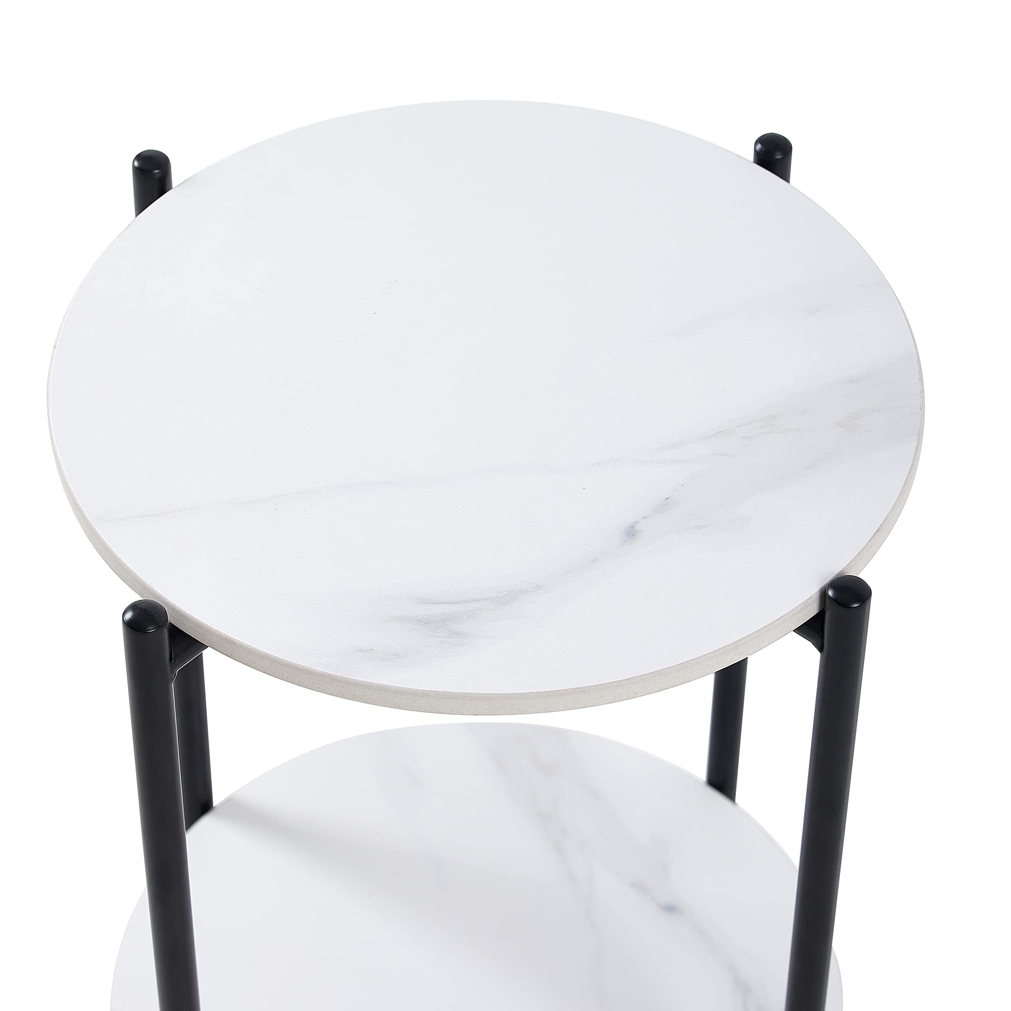 2-Tier Round Coffee Table with Whole Marble Top & Black Metal Frame - Modern End Table for Living Room, Bedroom, Office | Perfect for Small Spaces, Coffee Corner & Home Decor