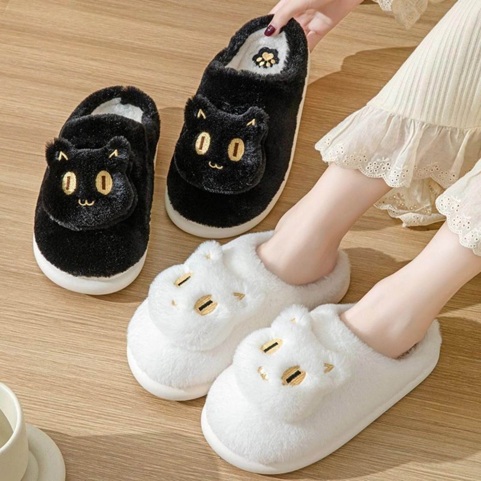 Cute Fluffy Cat Plush Slippers for Women - Soft Indoor House Shoes with Non-Slip Soles - Perfect for Home, Lounge, and Gift Giving