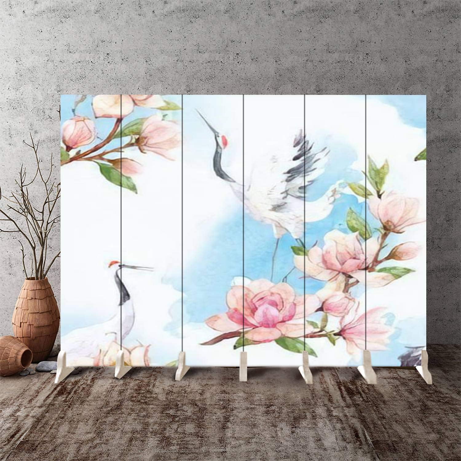 Japanese Traditional Watercolor Crane & Branch Canvas Room Divider - 6 Panel Folding Privacy Screen with Red Head Motif | Perfect for Home Office, Bedroom Partition & Studio Space Separation