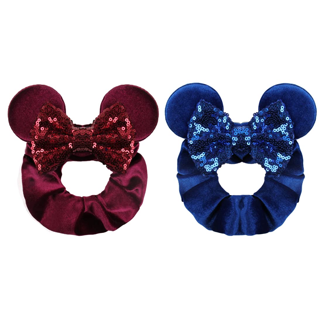 YanJie Women's Red Royal Mouse Ears Sequin Bow Velvet Scrunchies - 2 Pack Elastic Hair Ties for Ponytails, Sparkly Hair Accessories for Girls & Women | Perfect for Disney Trips, Cosplay & Everyday Glam