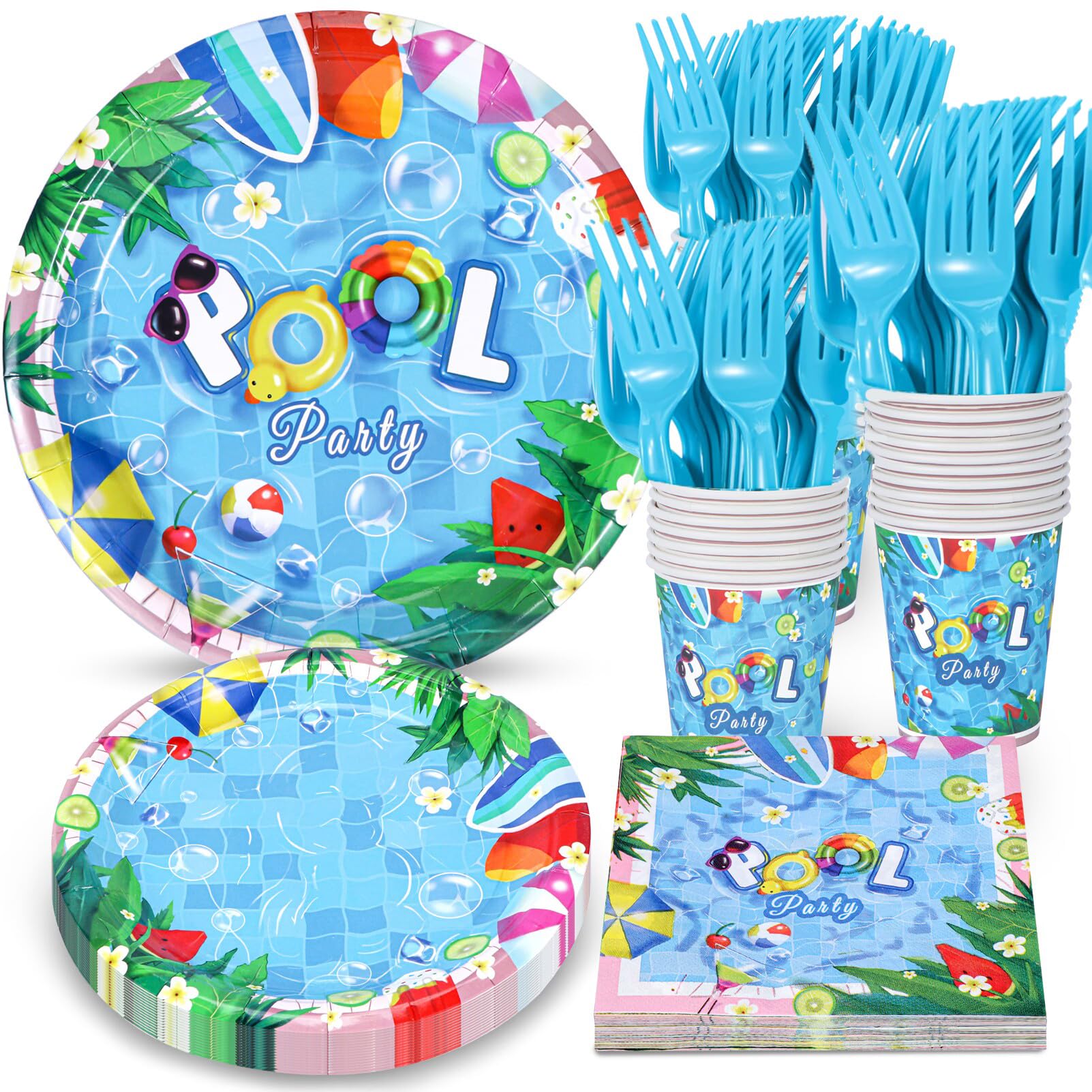 Disposable Party Supplies Set - 24-Piece Pool Party Plates, Cups, Napkins & Cutlery for Birthday, Baby Shower, Summer Beach Events - Eco-Friendly Tableware for Outdoor Gatherings & Themed Decorations