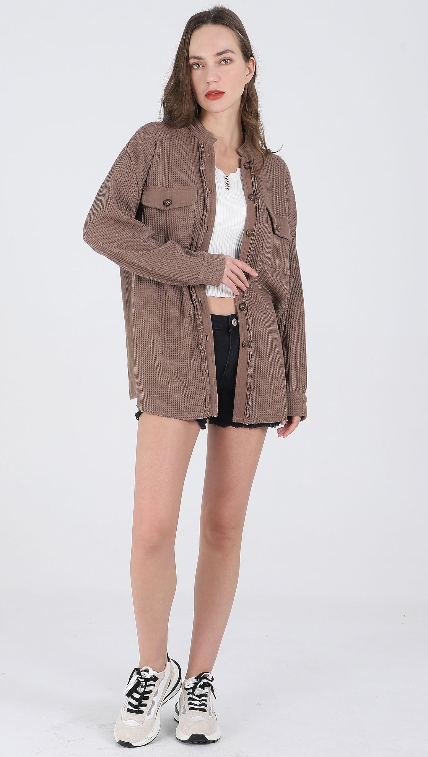 Women's Loose Fit Batwing Sleeve Waffle Knit Button Down Shirt Shacket - Casual Long Sleeve Tops for Fall & Winter, Perfect for Layering, Office Wear and Weekend Outfits