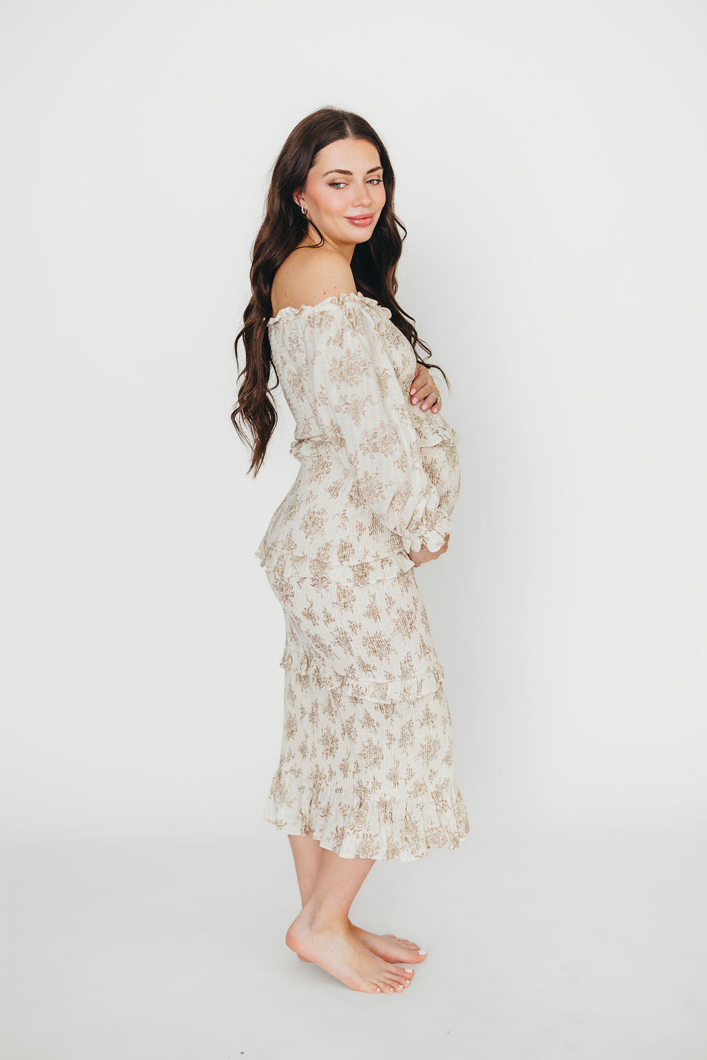 Chloe Maternity Midi Dress in Brown - Bump Friendly Pregnancy Dress for Women | Perfect for Baby Showers, Maternity Photos & Special Occasions