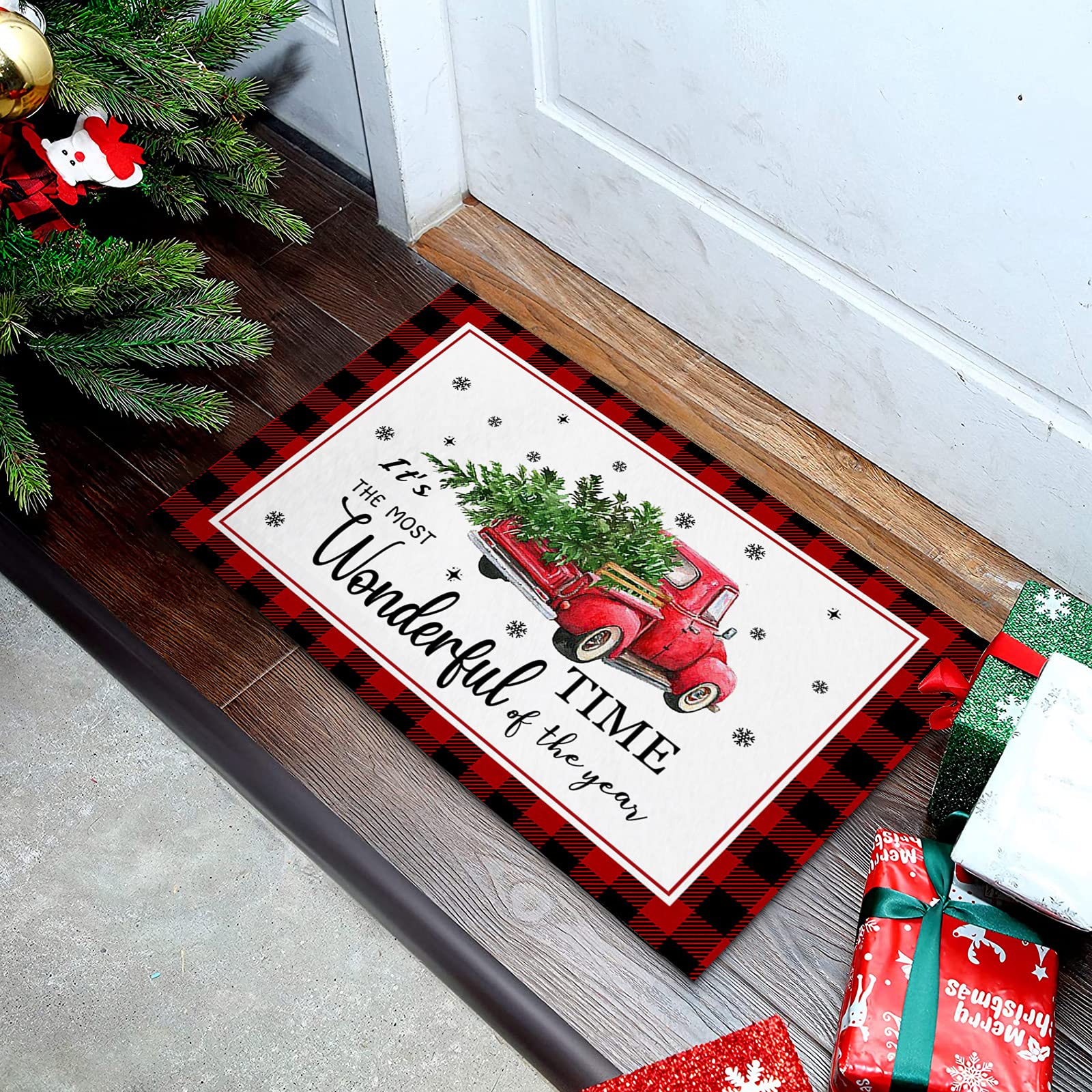 Red Buffalo Plaid Christmas Welcome Doormat - Non-Slip Low Profile Holiday Decor for Front Door, Home & Indoor Use - 20x31.5 Inch Festive Floor Mat Perfect for Christmas Tree Truck Theme, Living Room, Bathroom or Kitchen Decorations