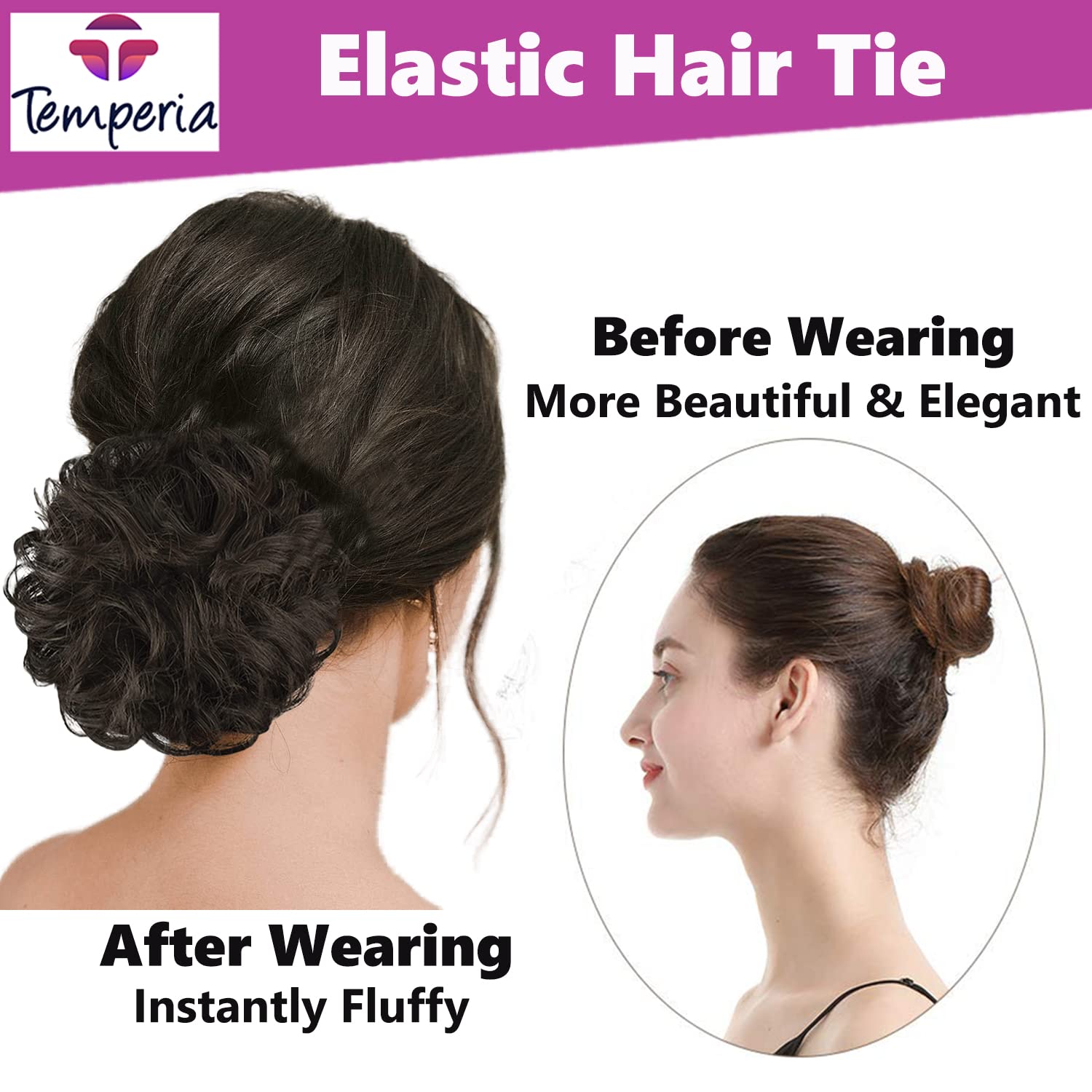TEMPERIA (2-Pack) Women's Hair Bun Maker & Extension - Stylish Juda Hair Buns, Messy Bun Donut, Fake Hair Scrunchies with Elastic Band - Natural Brown - Perfect for Updos, Ponytails & Everyday Hairstyles
