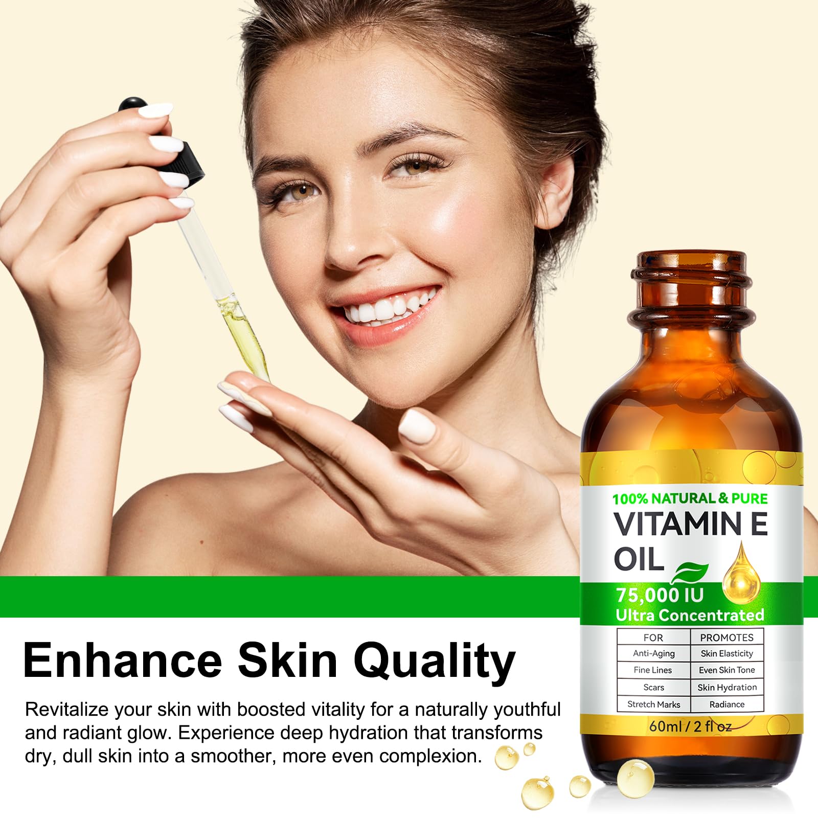 75,000 IU Pure Organic Vitamin E Oil for Face, Scars & Body - Hexane Free Natural Skin Moisturizer for Dry Skin Care & Hydration (2 Fl Oz) - Perfect for Nighttime Skin Repair & Daily Body Nourishment