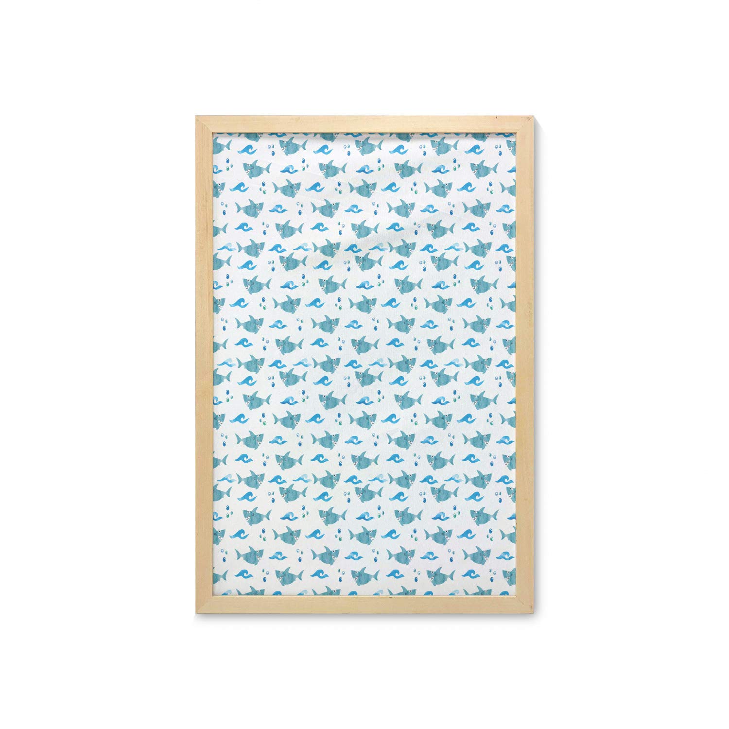 Ambesonne Framed Shark Wall Art - Watercolor Ocean Animal Print with Playful Expressions, Bubbles & Waves - Blue, Pale Blue & White Fabric Poster 23