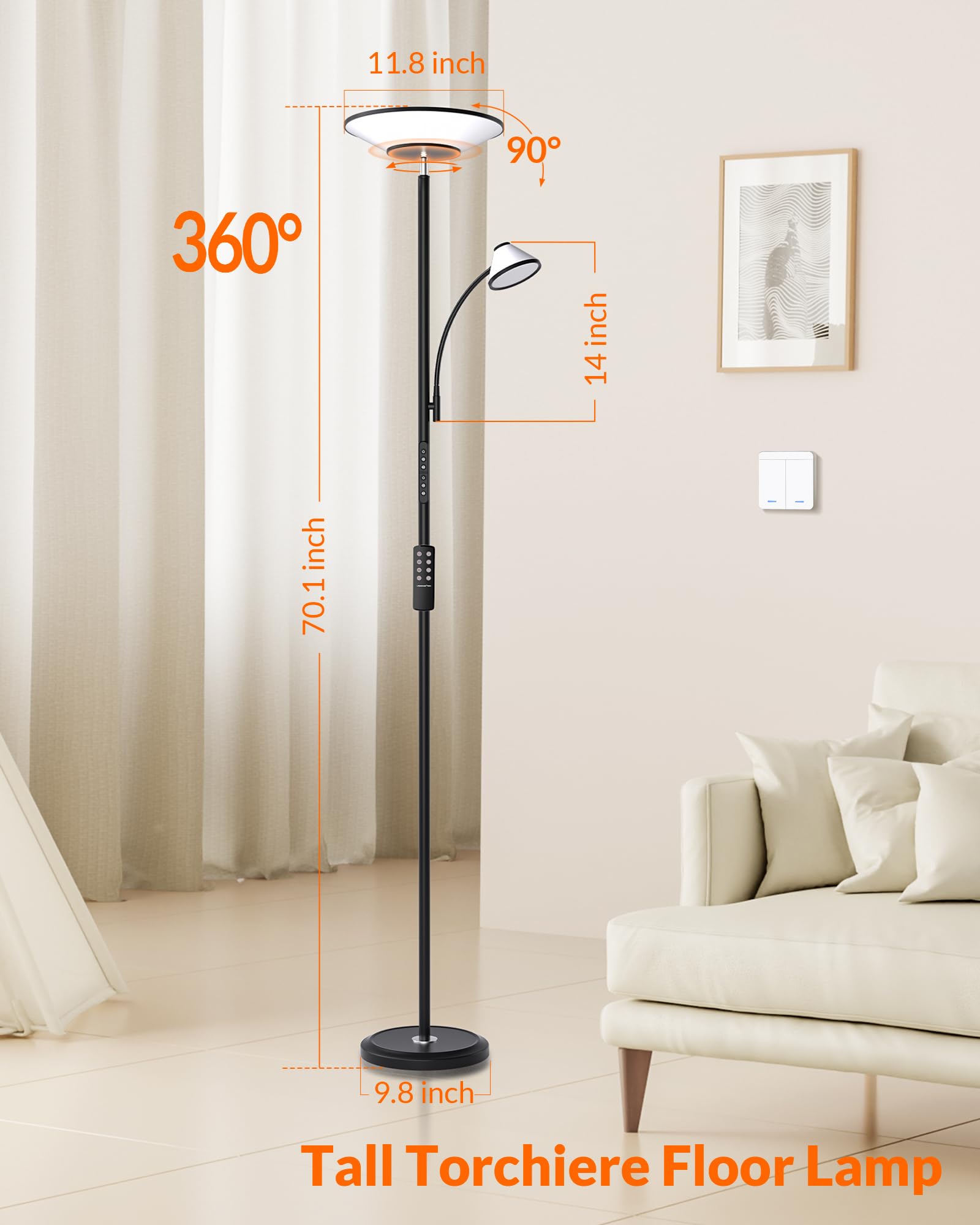 Bright LED Floor Lamp with Remote & Wall Switch - 60 Lighting Effects, Adjustable Torchiere Standing Lamp for Living Room, Bedroom, Office - Perfect for Reading, Relaxing & Ambient Lighting