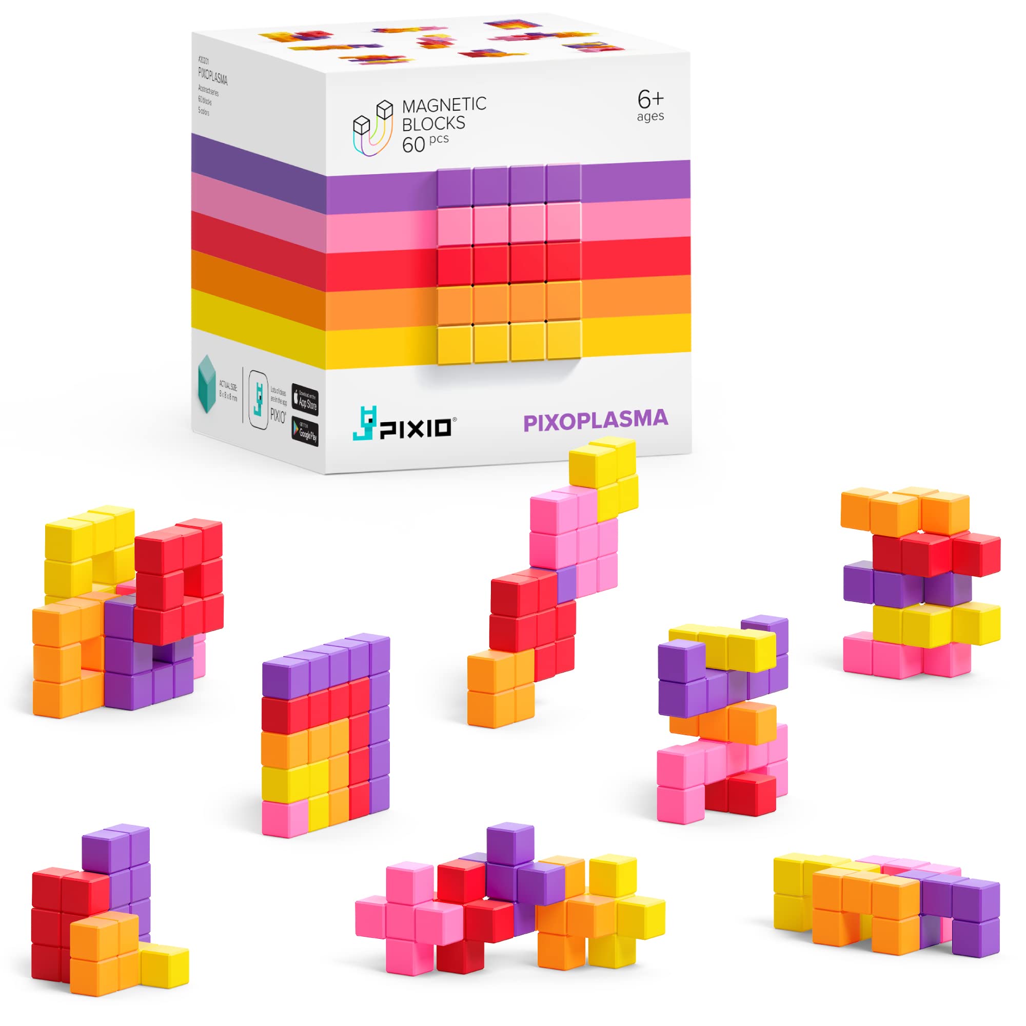 PIXIO PIXOPLASMA Magnetic Building Blocks - 60pcs Pixel Art Style STEM Toys with Free App, 5/16